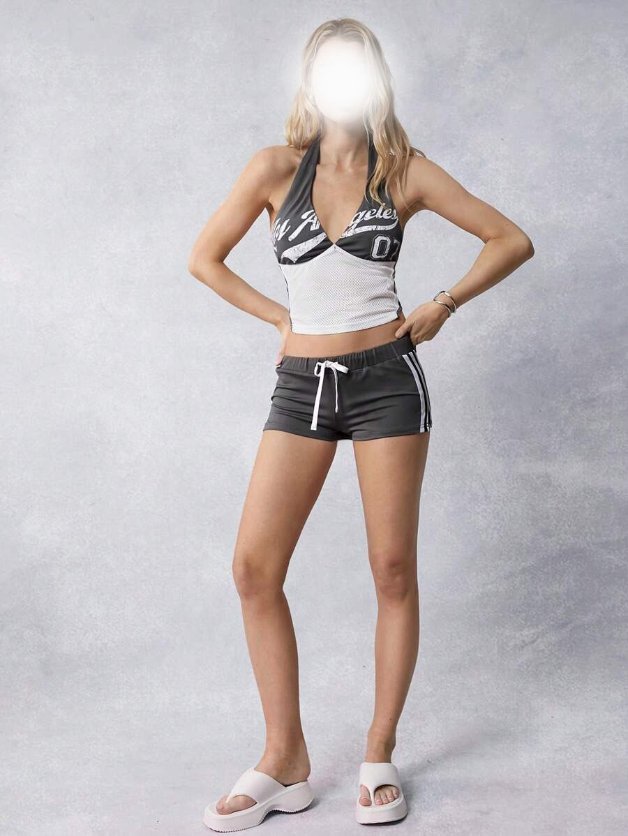 Street Trend Design Halter Neck Letter Print Short Length Versatile Fitted Slimming Tank Top