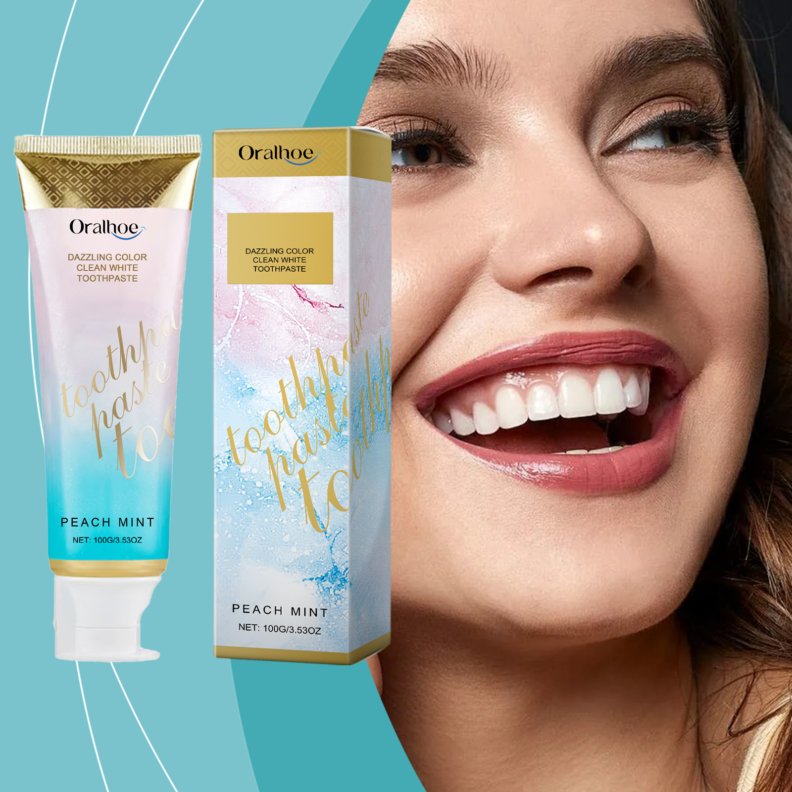 Woman smiling beside Oralhoe toothpaste packaging