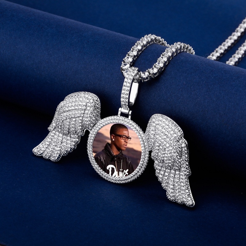 Angel Wings Large DIY Photo Frame Pendant Full Zircon Jewelry Hip Hop Necklace Gold Australia