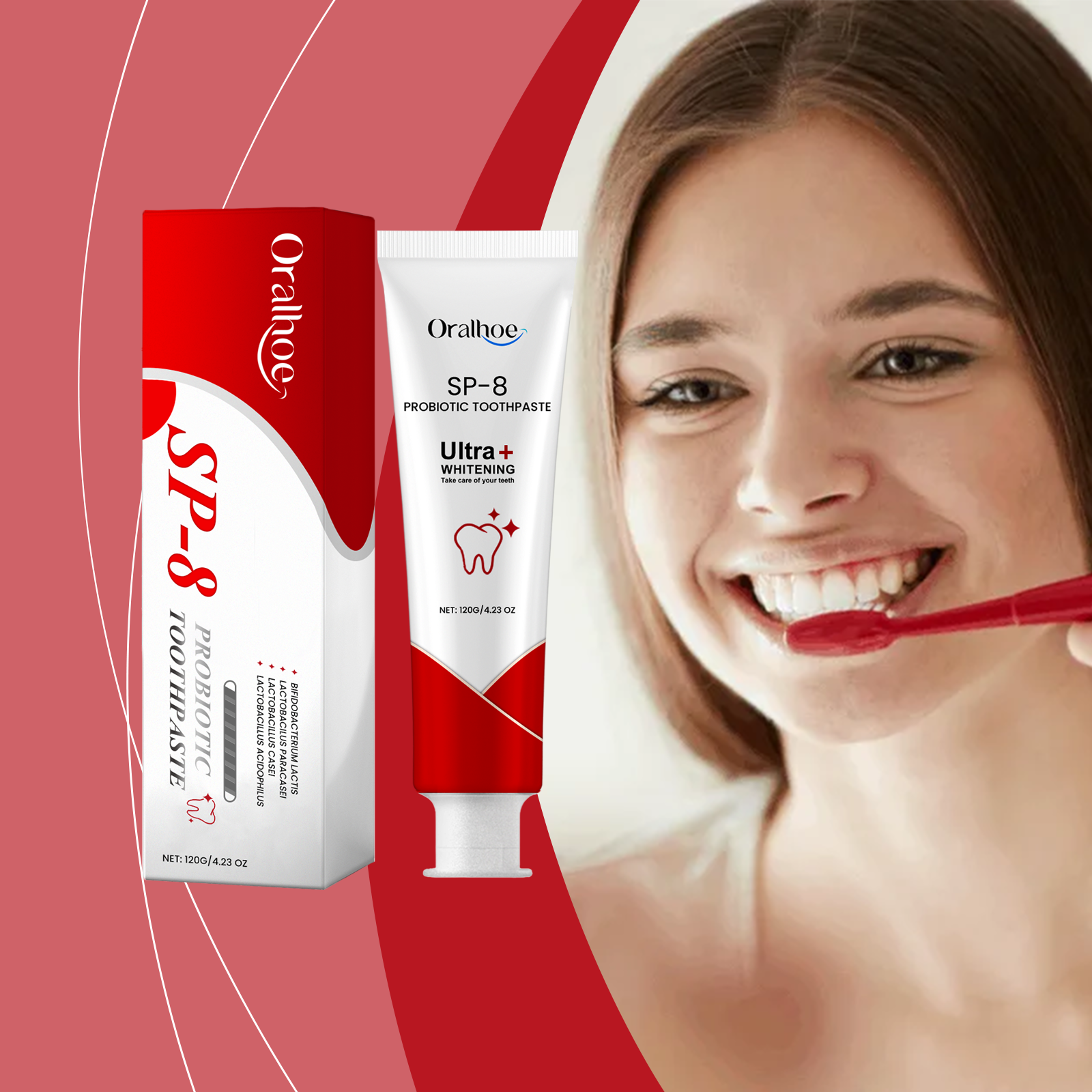 Woman brushing teeth beside Oralhoe toothpaste packaging