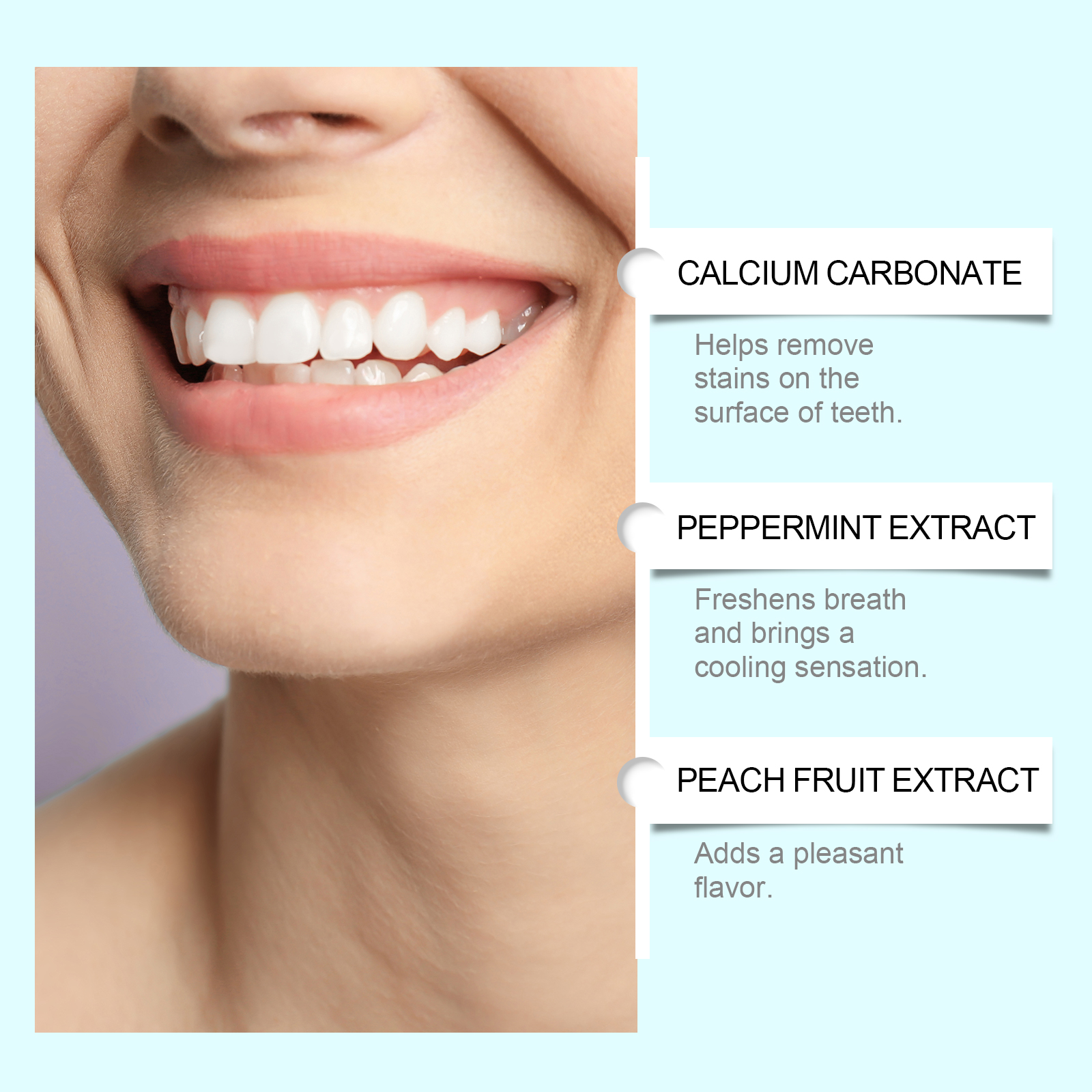 Ingredients highlighted beside a clean-looking smile