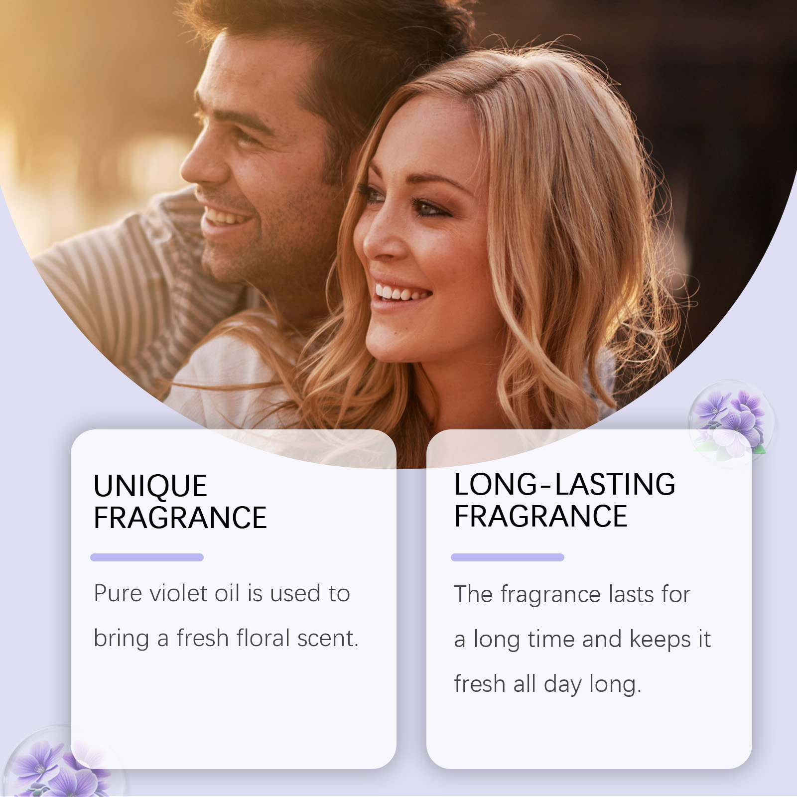 Violet perfume packaging with fragrance detail callouts