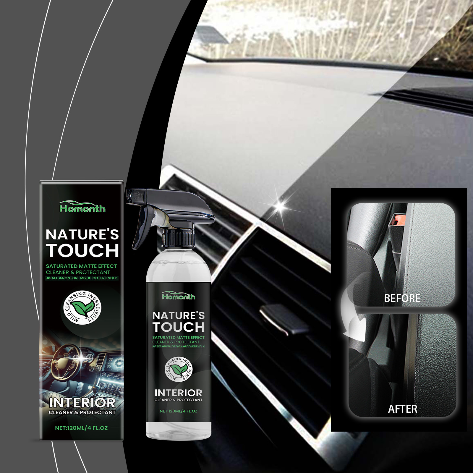 Before and after view of cleaned vehicle interior surface