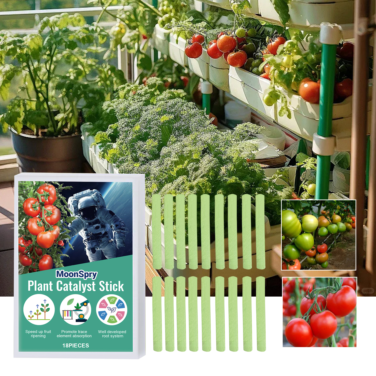 MoonSpry package beside potted tomatoes and leafy vegetables