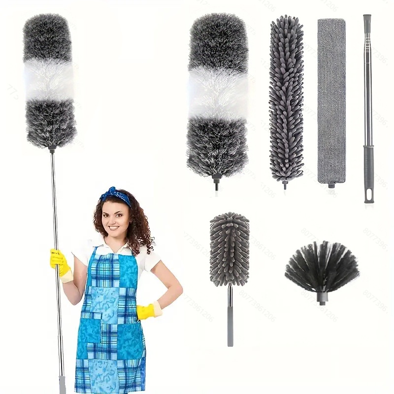 Woman using extended duster to reach ceiling fan blades while standing on the floor