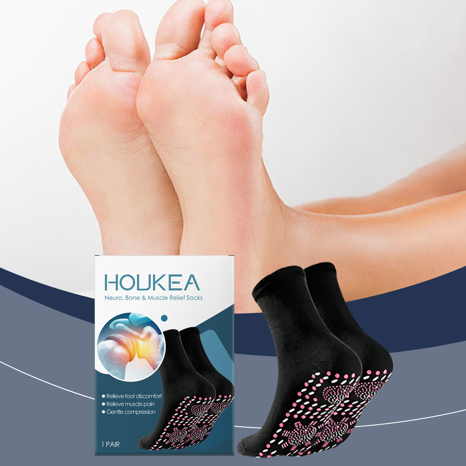 Relaxed feet beside Houkea foot care socks
