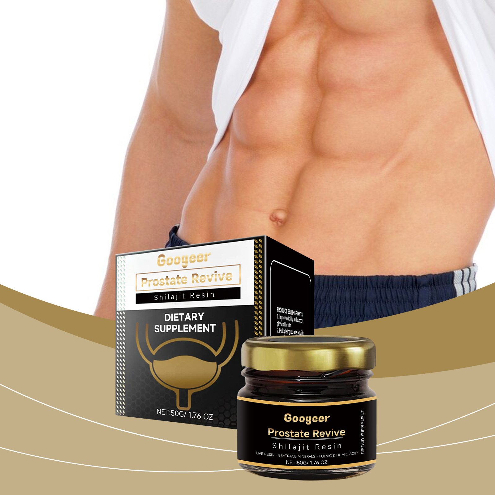 Compact shilajit jar beside a male wellness routine