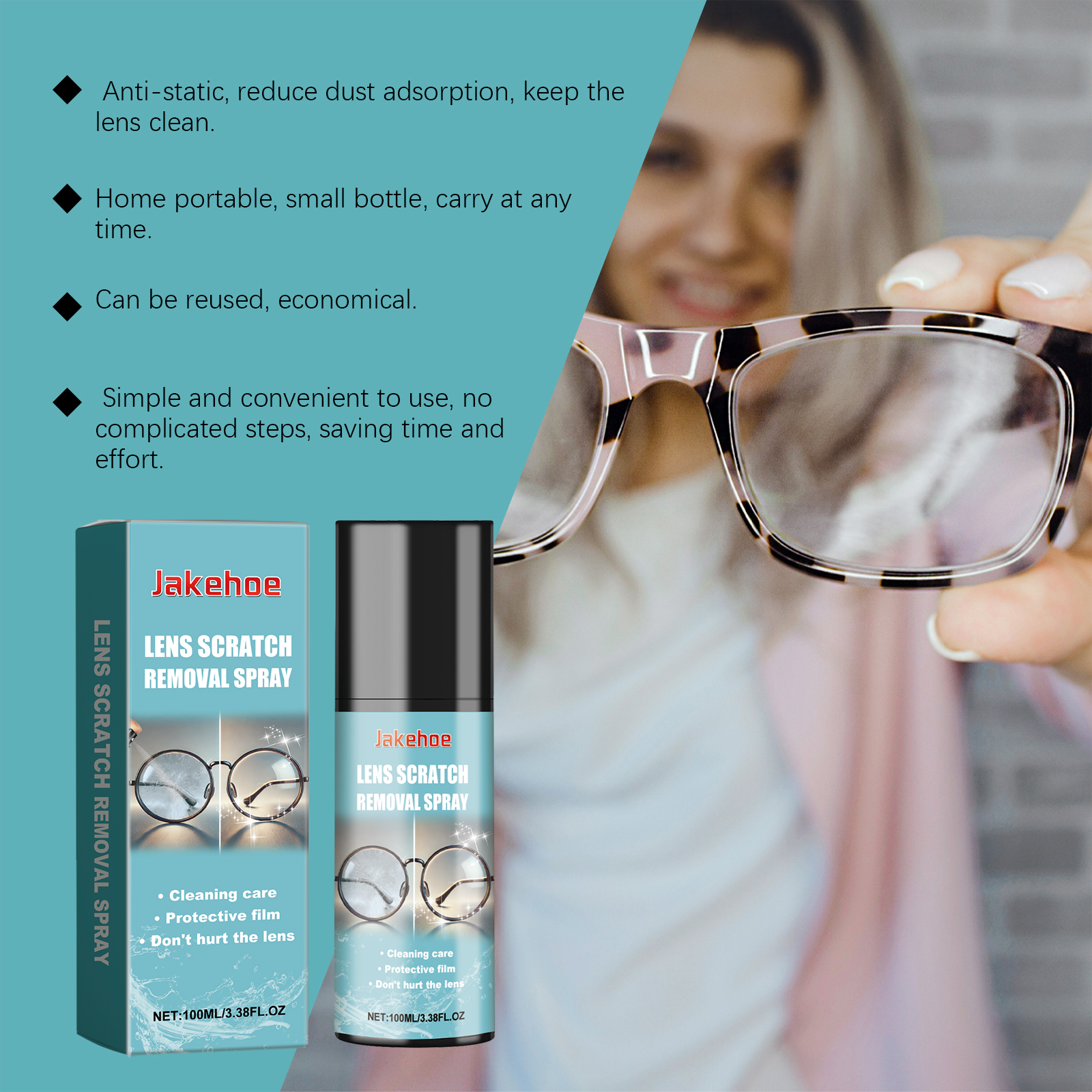 Feature infographic showcasing anti-static, portable, reusable, and convenient lens care benefits