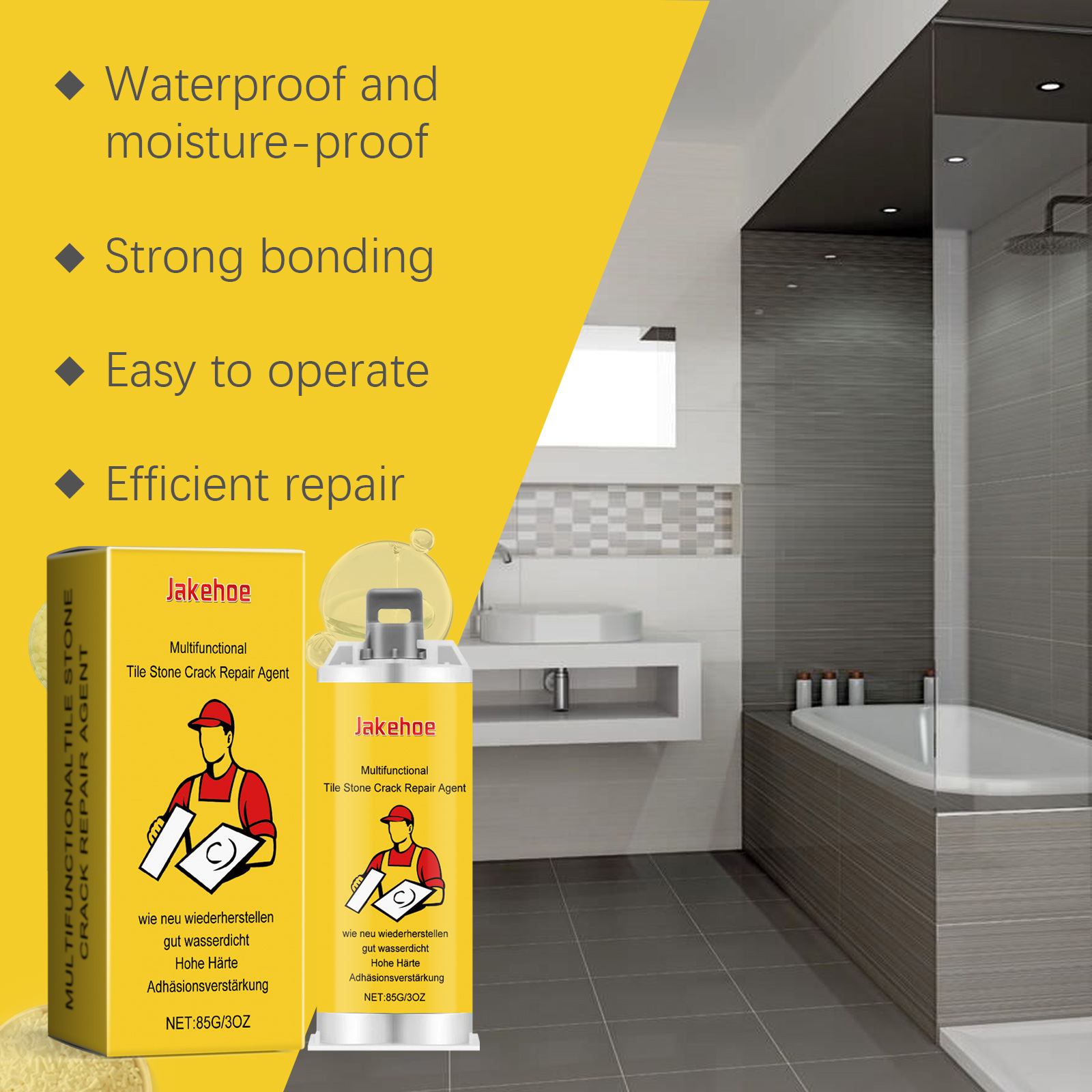 Tile repair claims shown beside bright bathroom setting