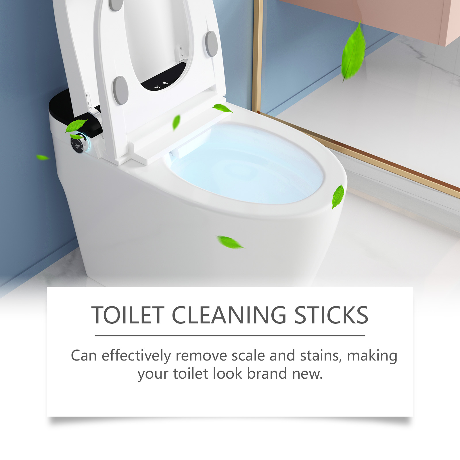 Animated toilet bowl with swirling blue cleaning liquid and floating green leaf graphics demonstrating active cleaning