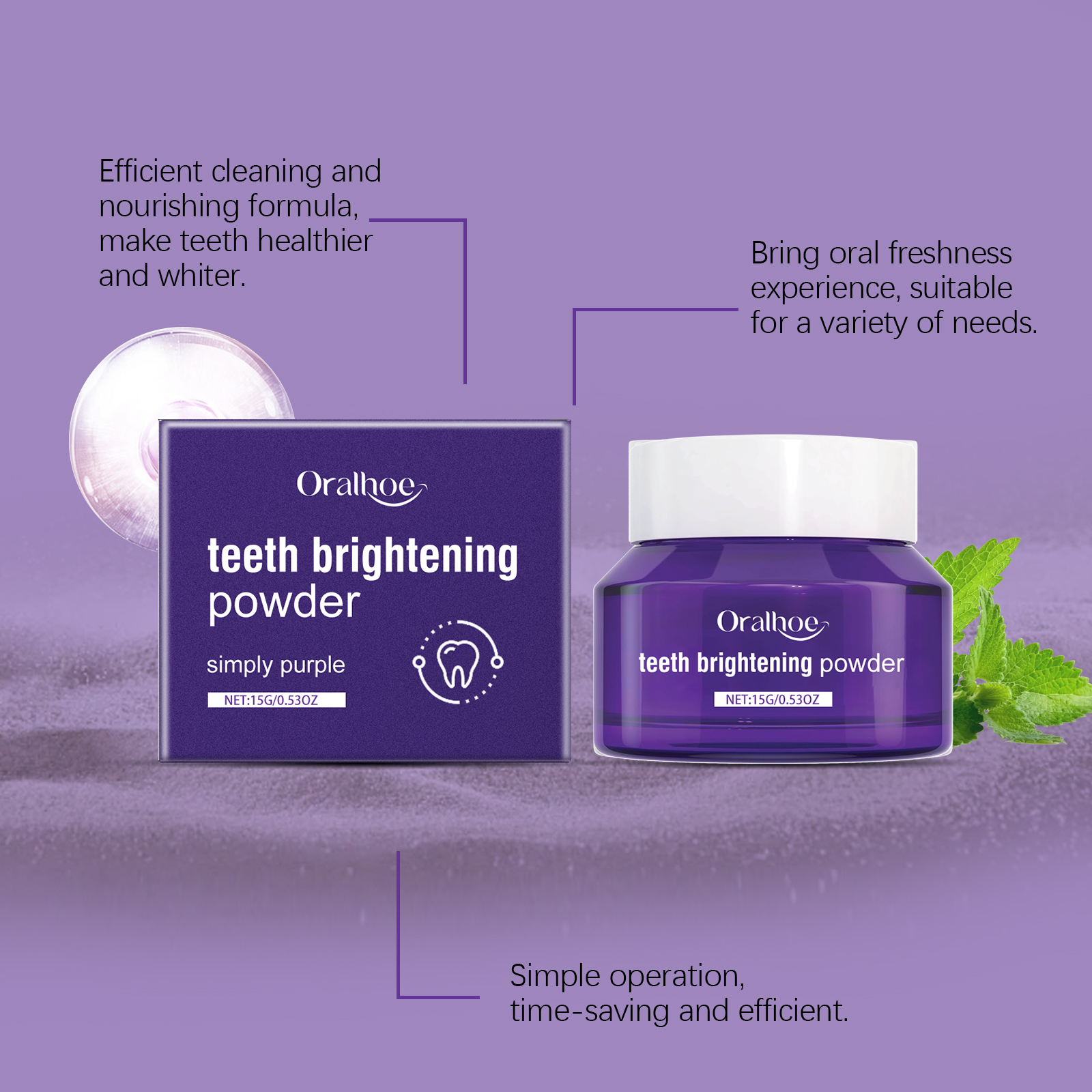 Purple tooth powder jar with mint and powder dish