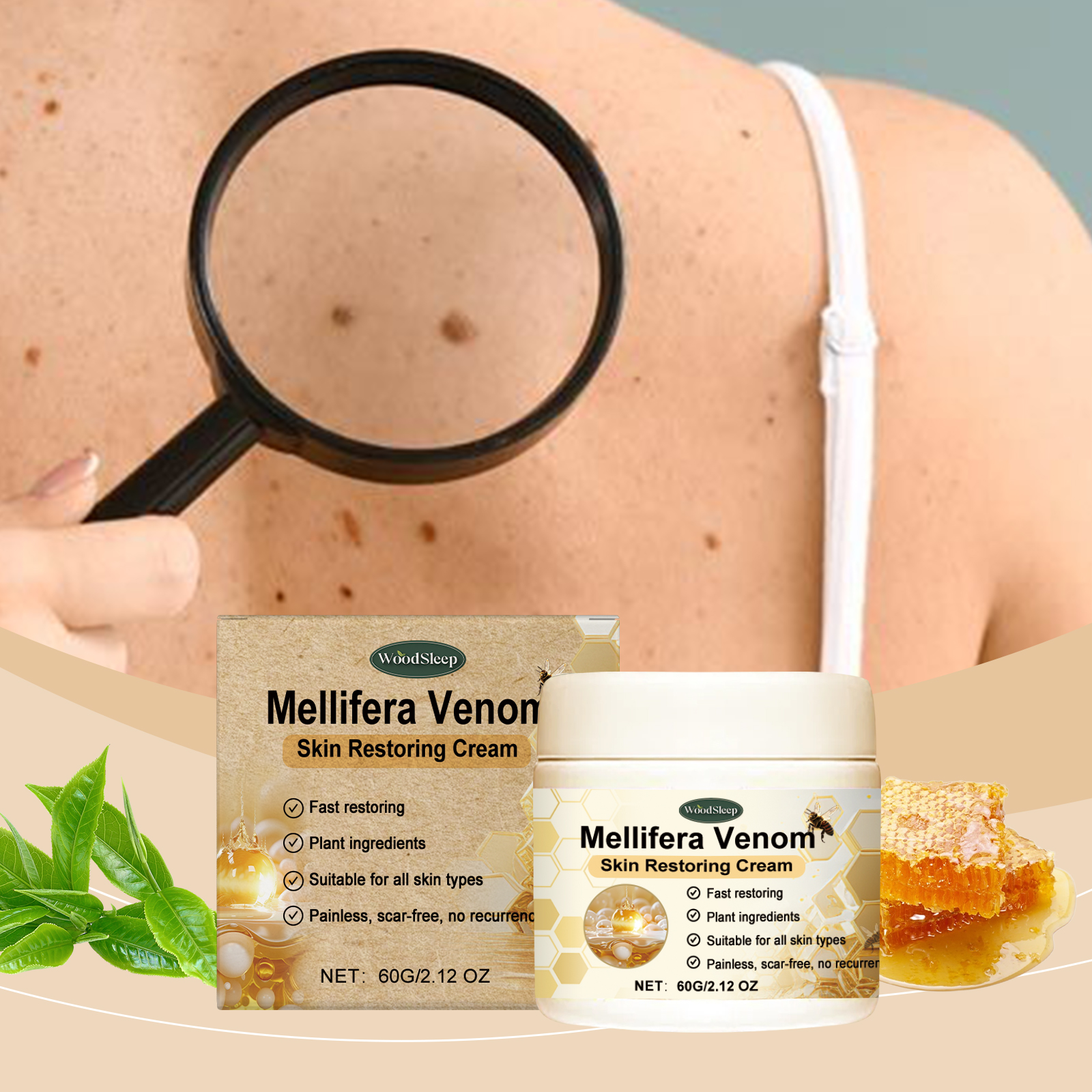 Bee-themed cream packaging with plant-inspired lifestyle setting