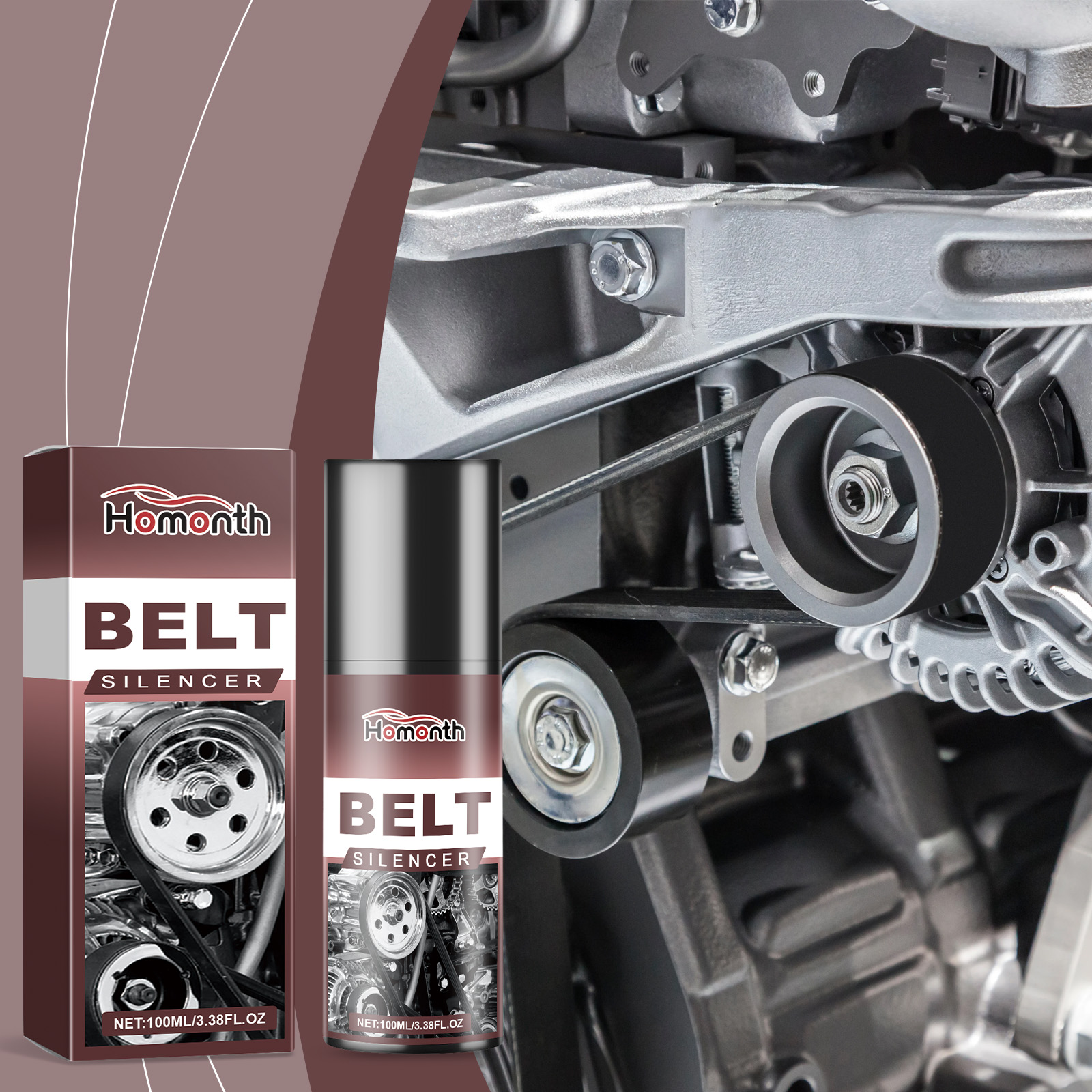Homonth bottle beside engine belt and pulley