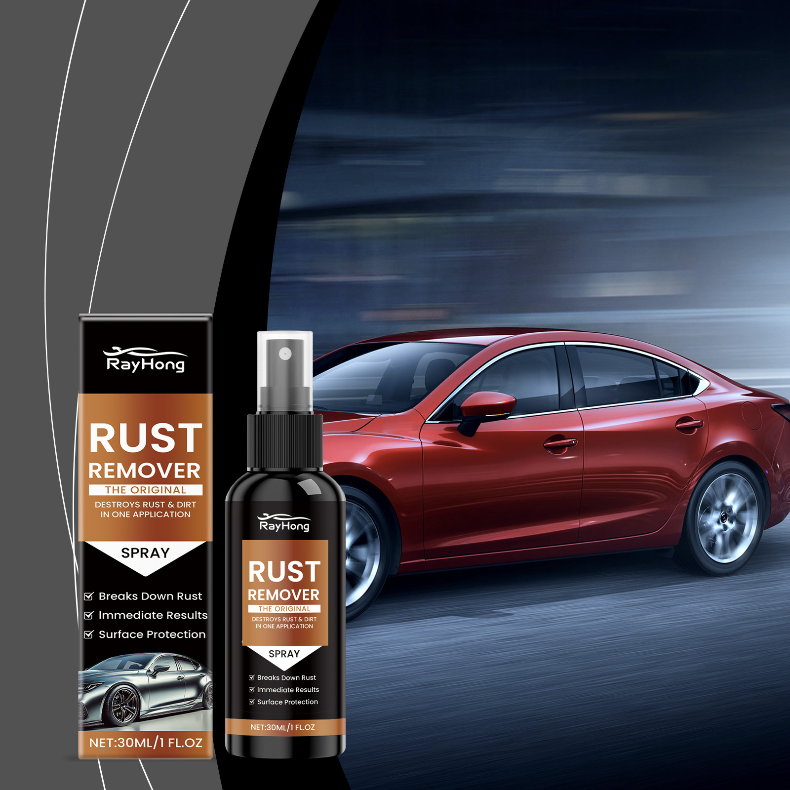 Rust remover bottle beside red car panel