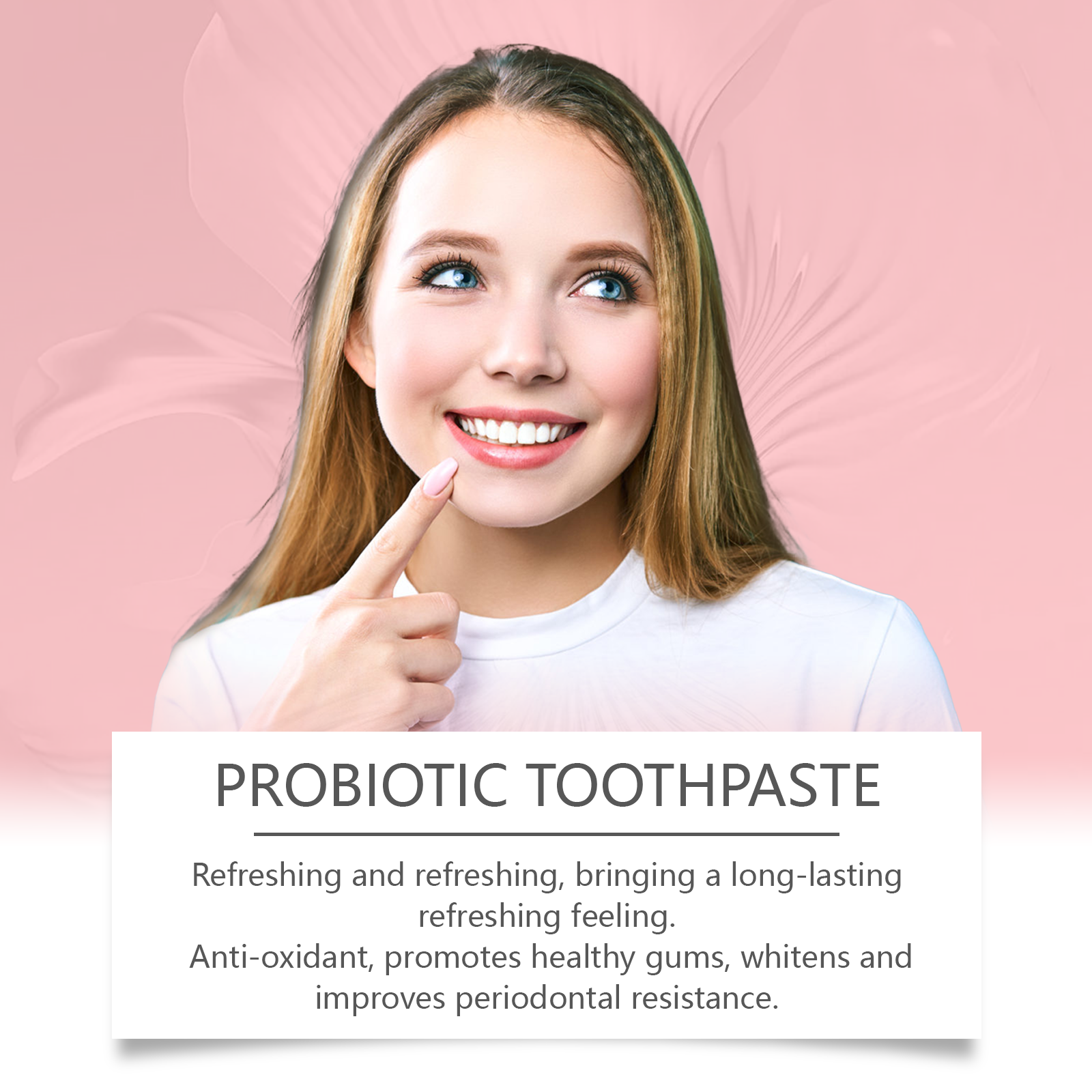 Smiling woman showing teeth beside toothpaste graphic