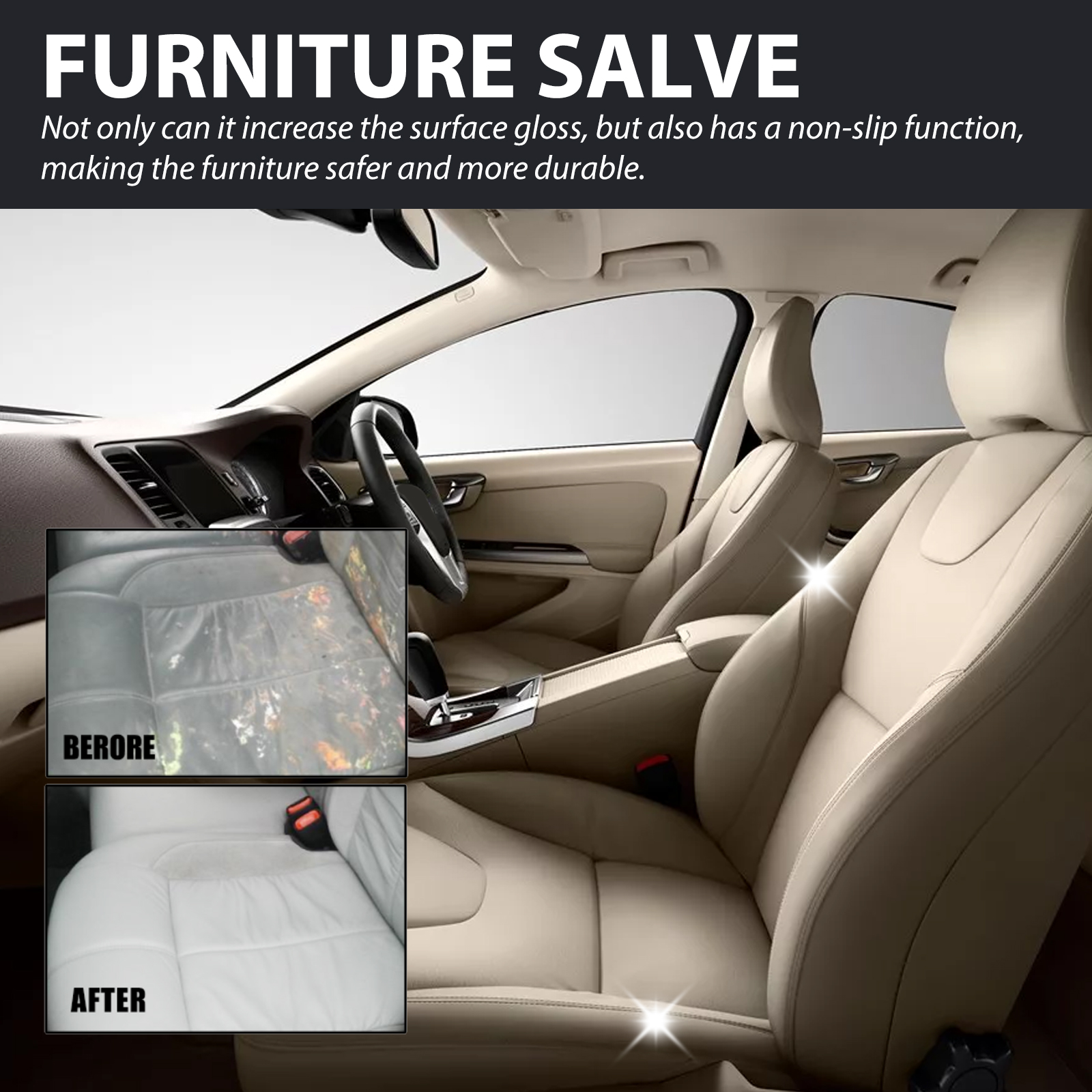Brighter car seat leather after salve application