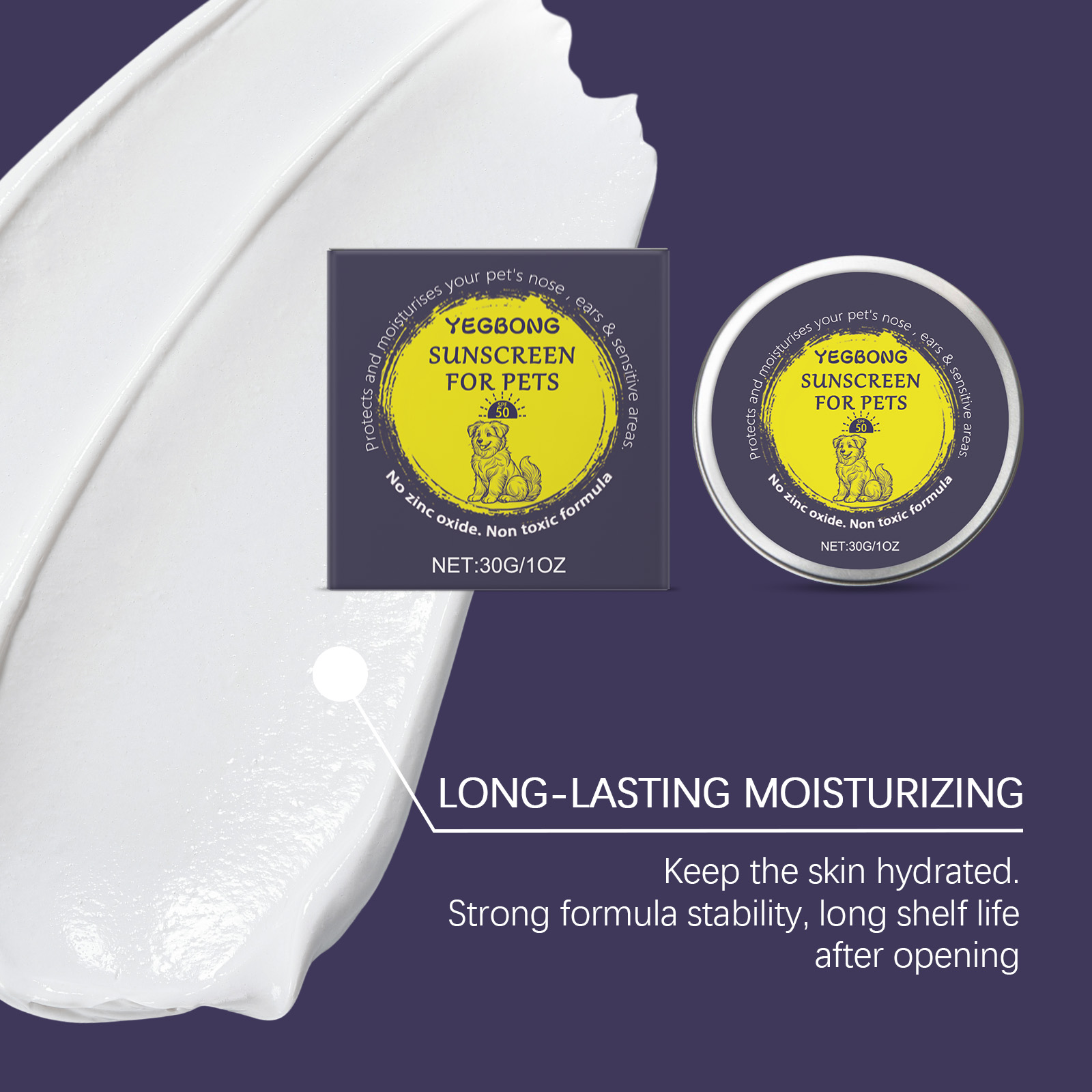 Smooth pet balm cream shown beside moisturizing claims