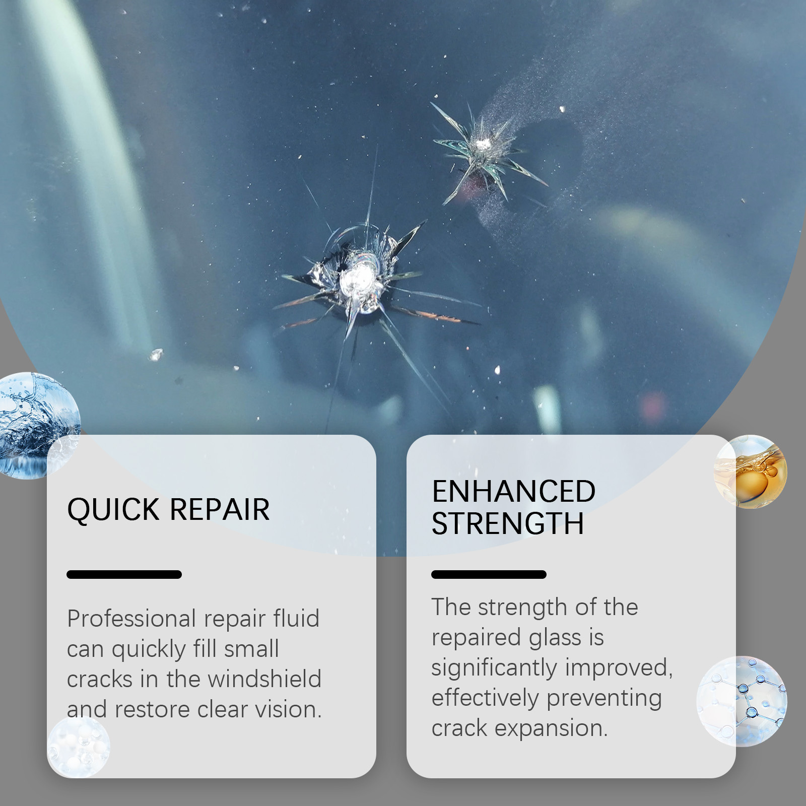Windshield star crack beside quick repair message