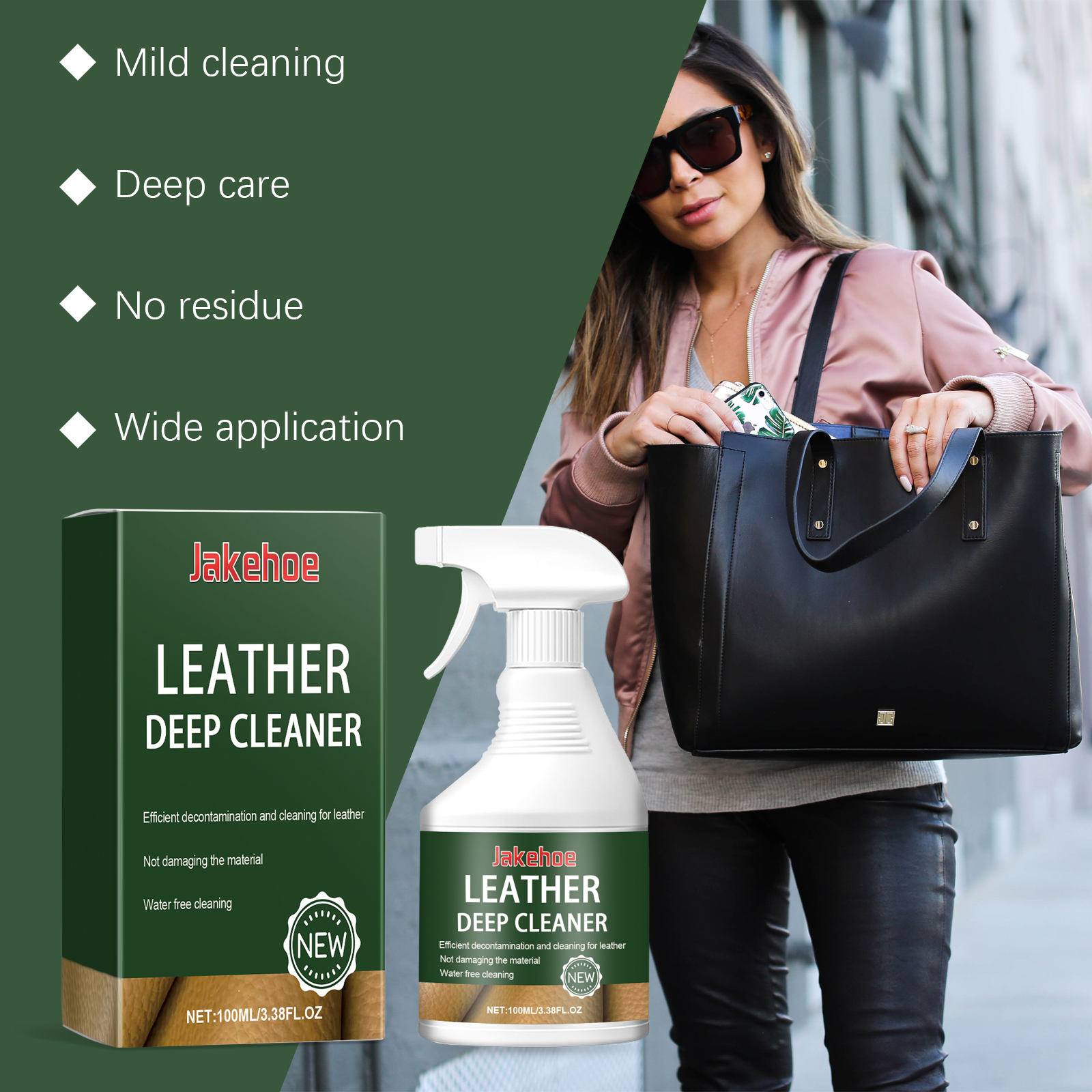 Leather cleaner beside handbag for accessory care
