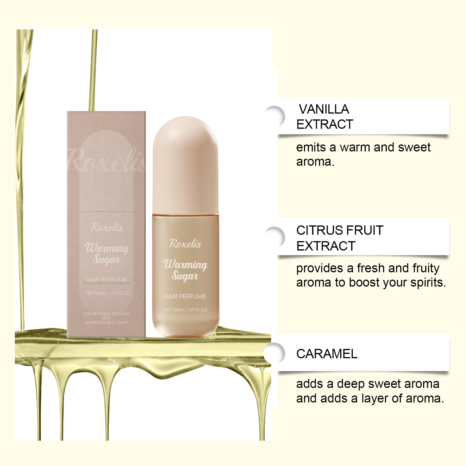 Roxelis fragrance ingredients shown beside bottle