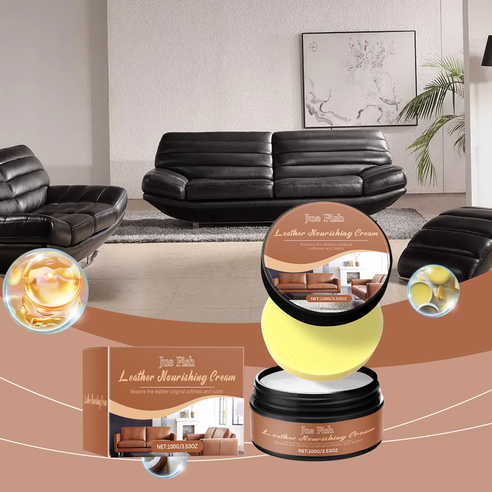 Leather sofa beside cream for furniture maintenance