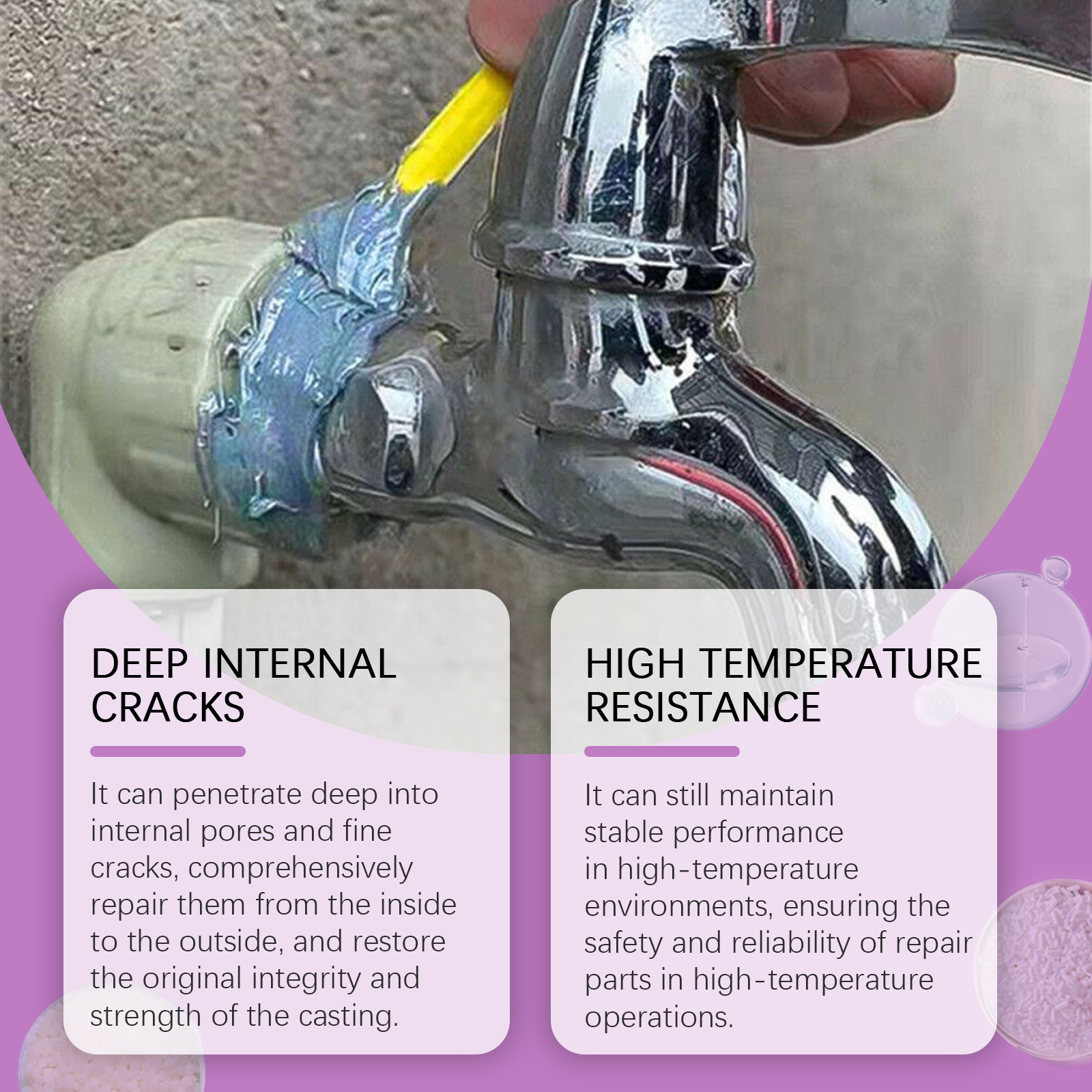Adhesive applied around a cracked metal faucet fitting