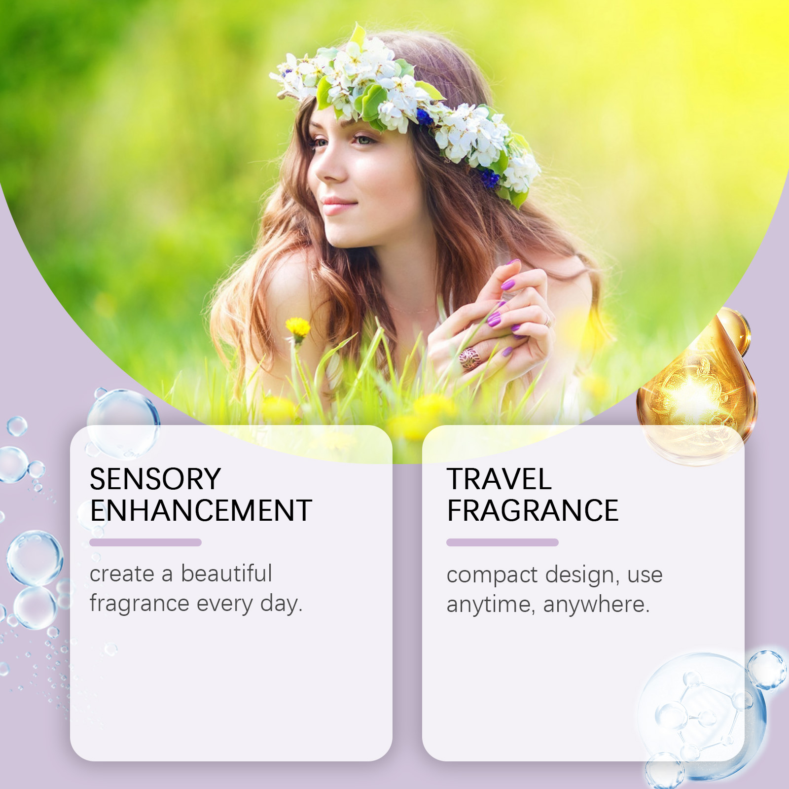 Woman wearing flower crown with portable fragrance balm