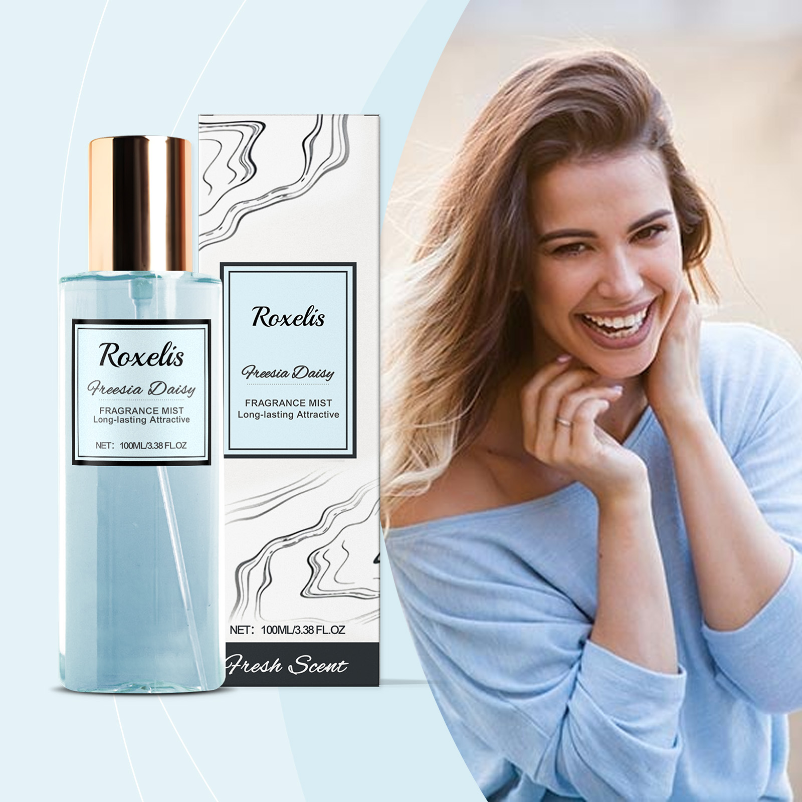 Romantic floral fragrance mist beside woman in pale blue