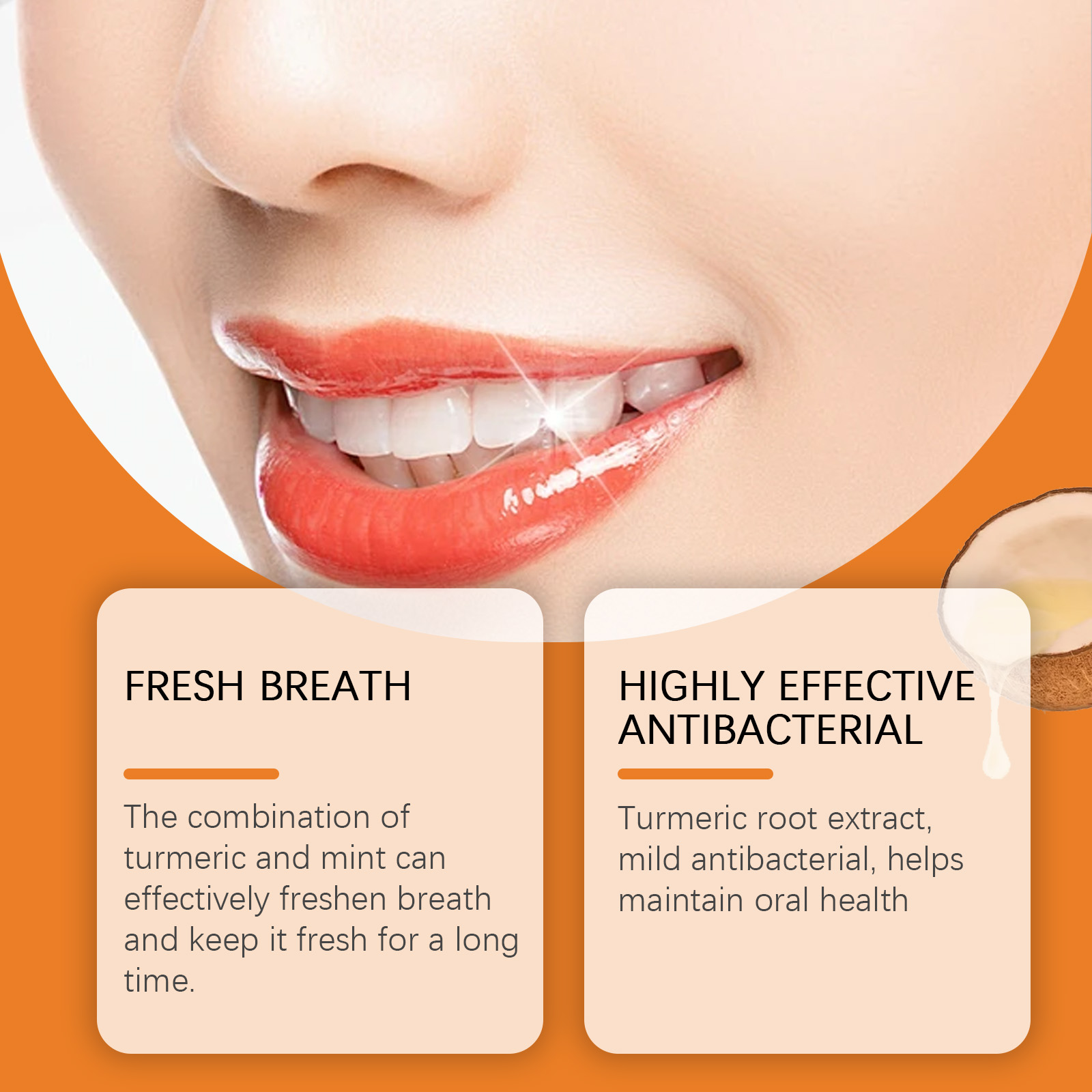 Fresh breath toothpaste claim beside smiling mouth