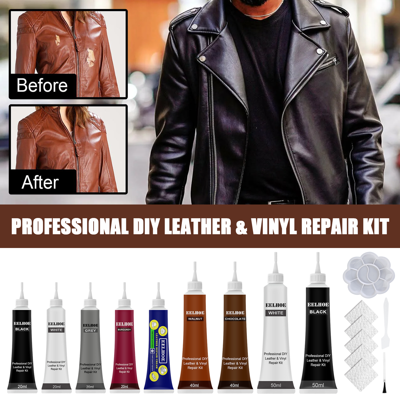 Leather jacket shown before and after color touch-up