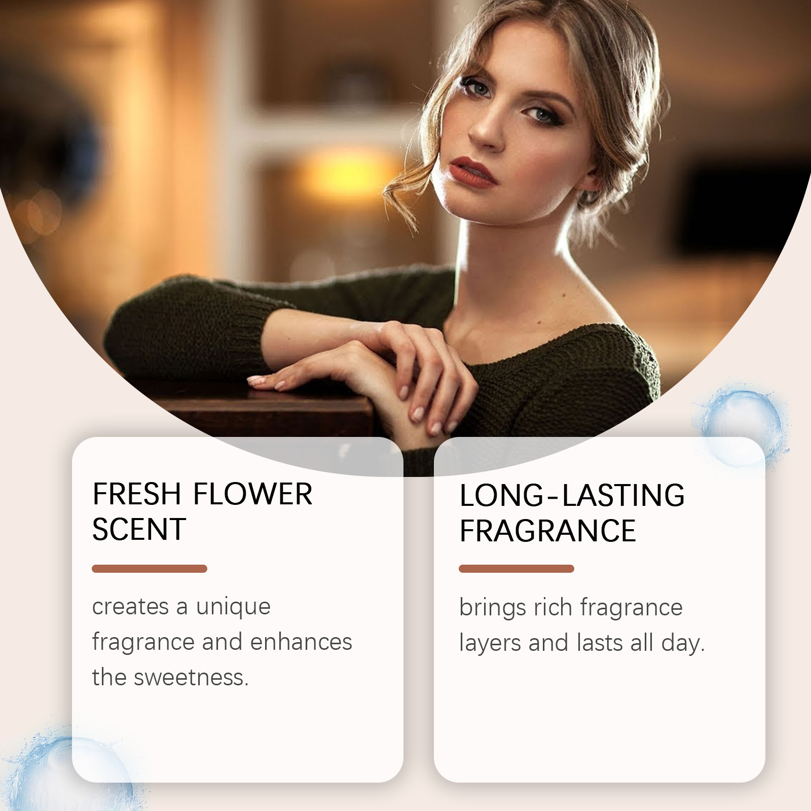 Woman beside fresh flower and lasting fragrance cards
