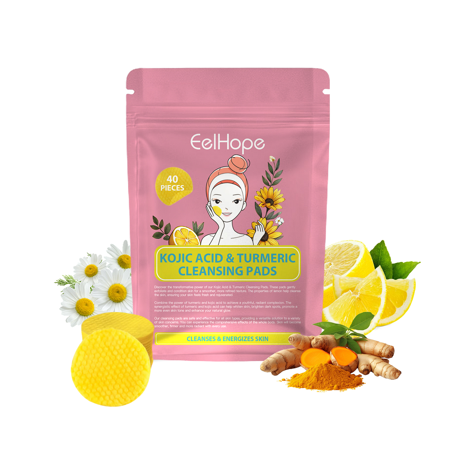 Eelhope Kojic Acid Turmeric Cleansing Pad Gently Cleanses Facial Skin Pores Refreshing Cleansing