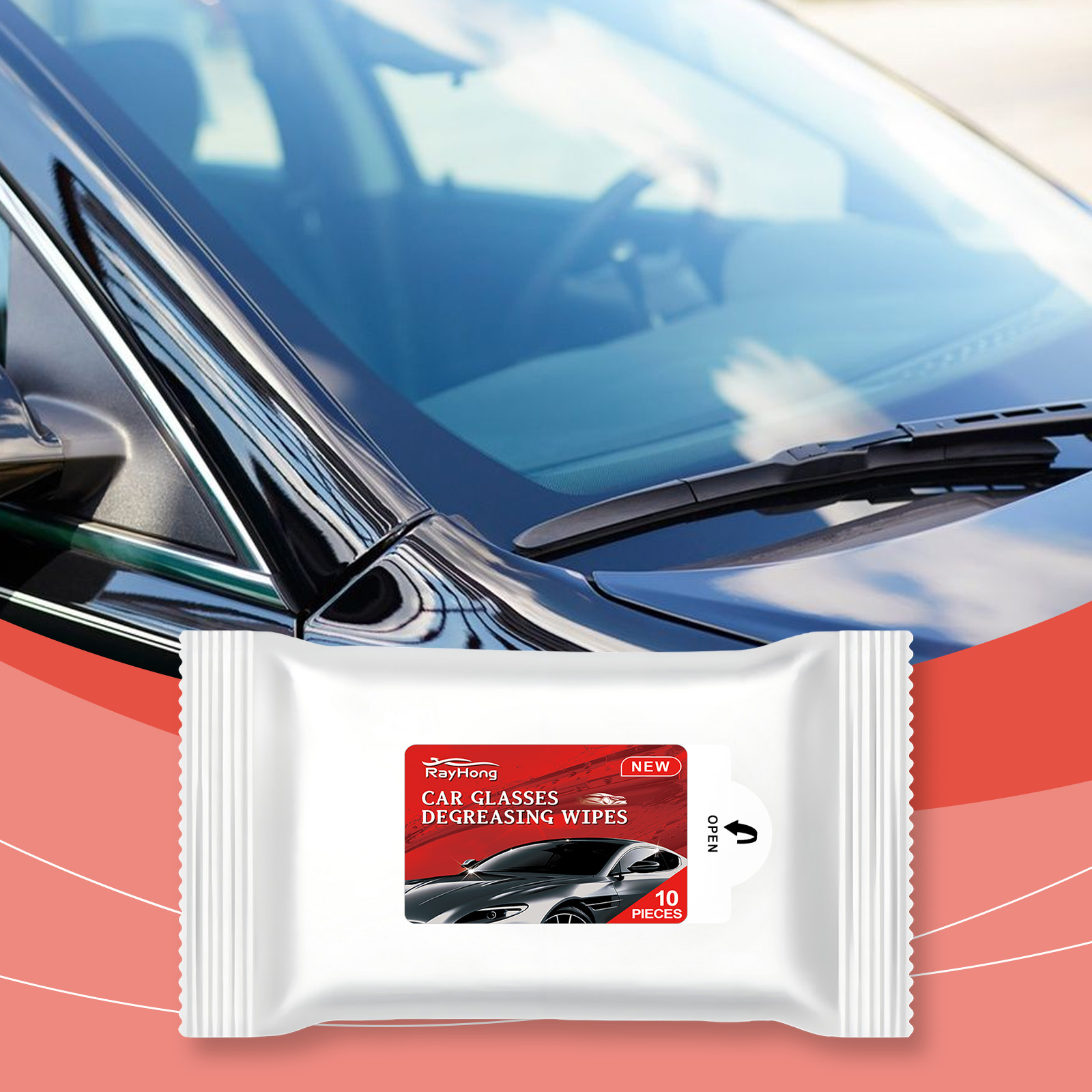 Rayhong wipe packet placed on a vehicle windshield