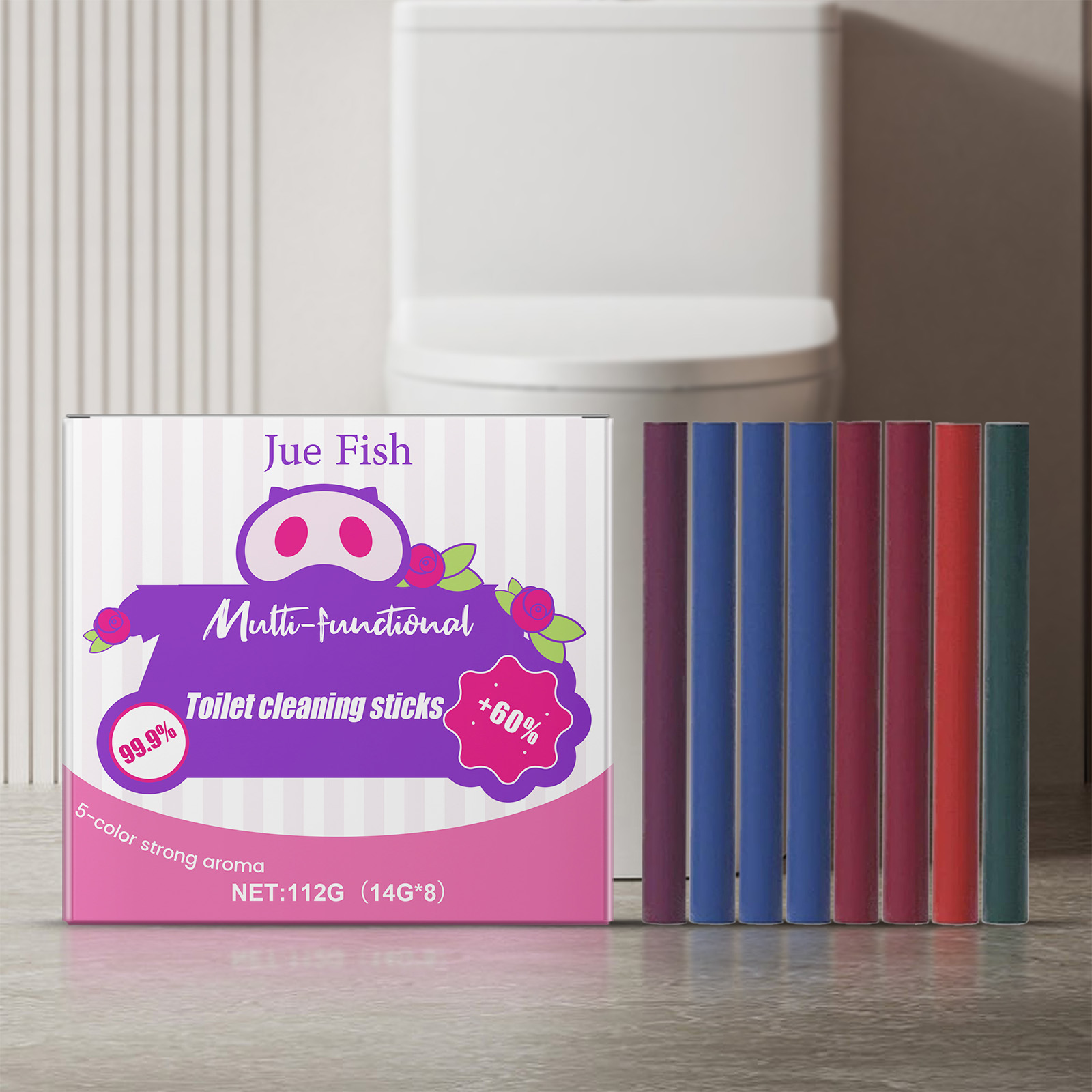 Product packaging and sticks on bathroom floor, showing real-world bathroom setup