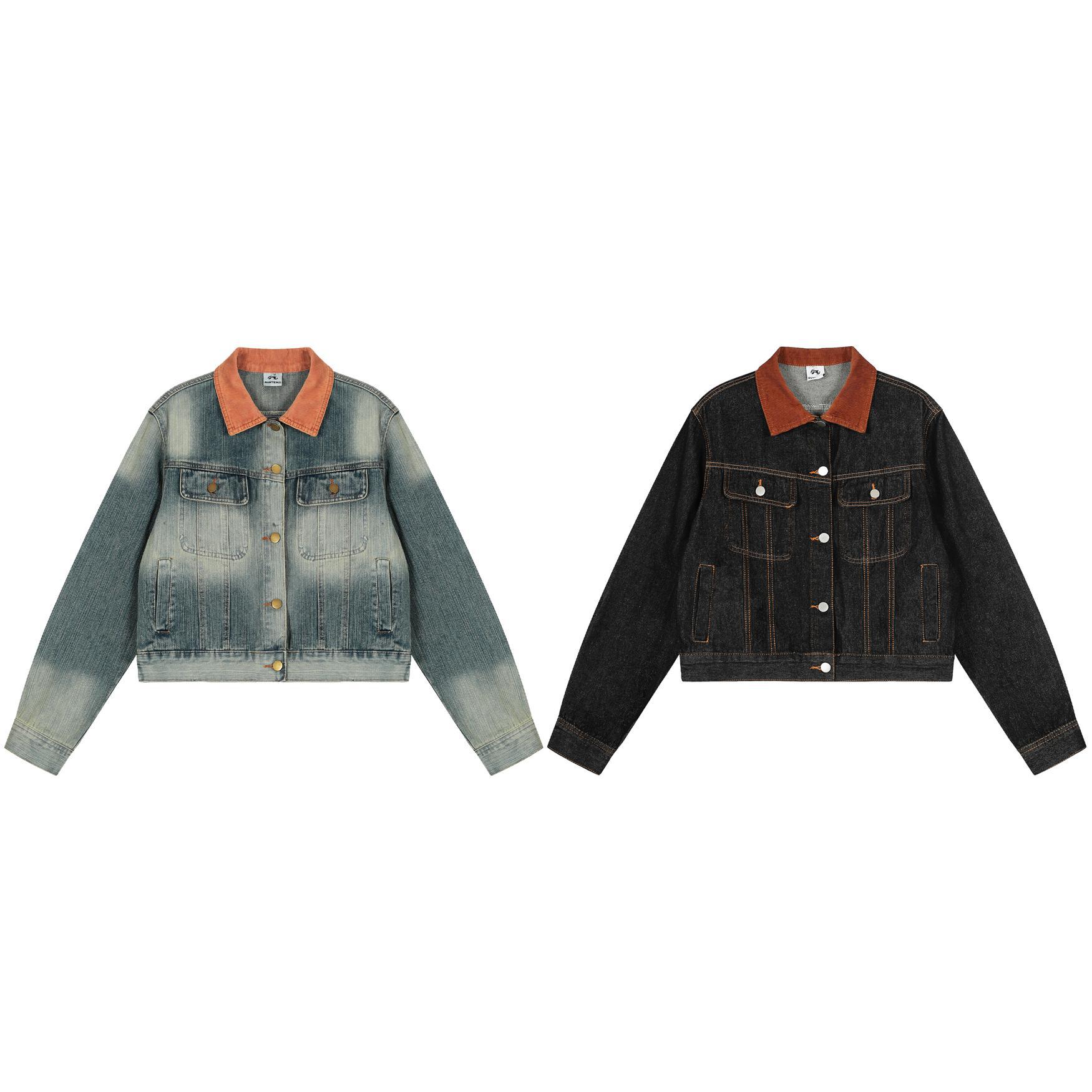 Corduroy Collar Washed Denim Jacket - Black