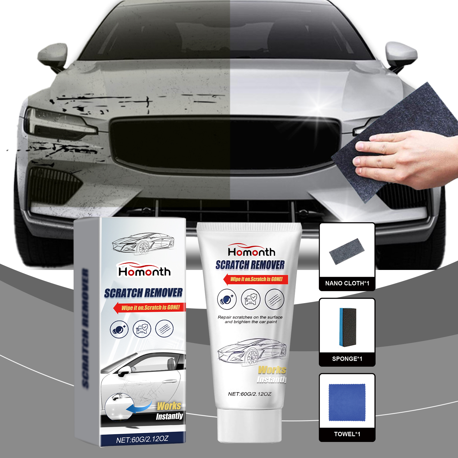 Before and after view of car paint scratch treatment