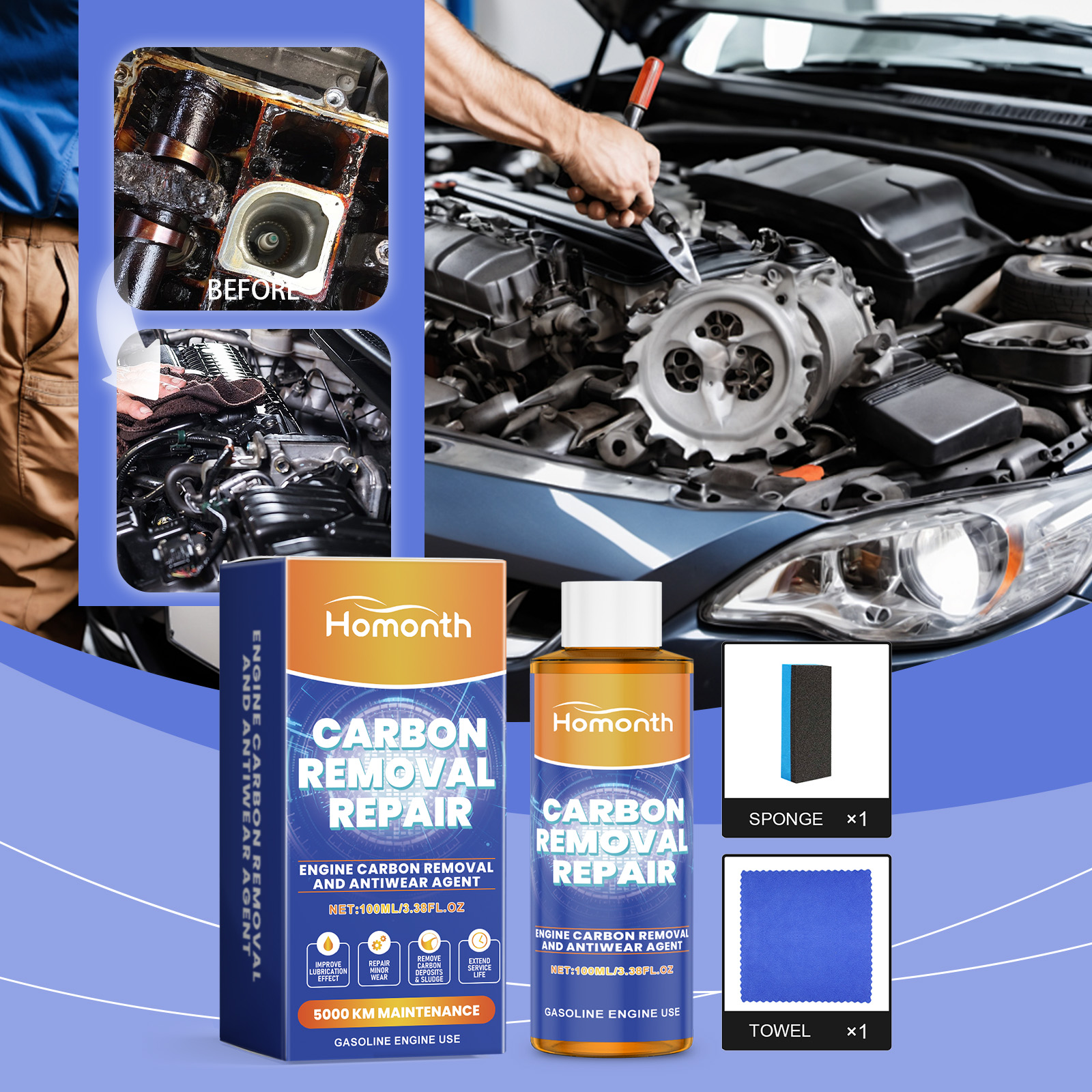 Engine maintenance scene with carbon removal treatment