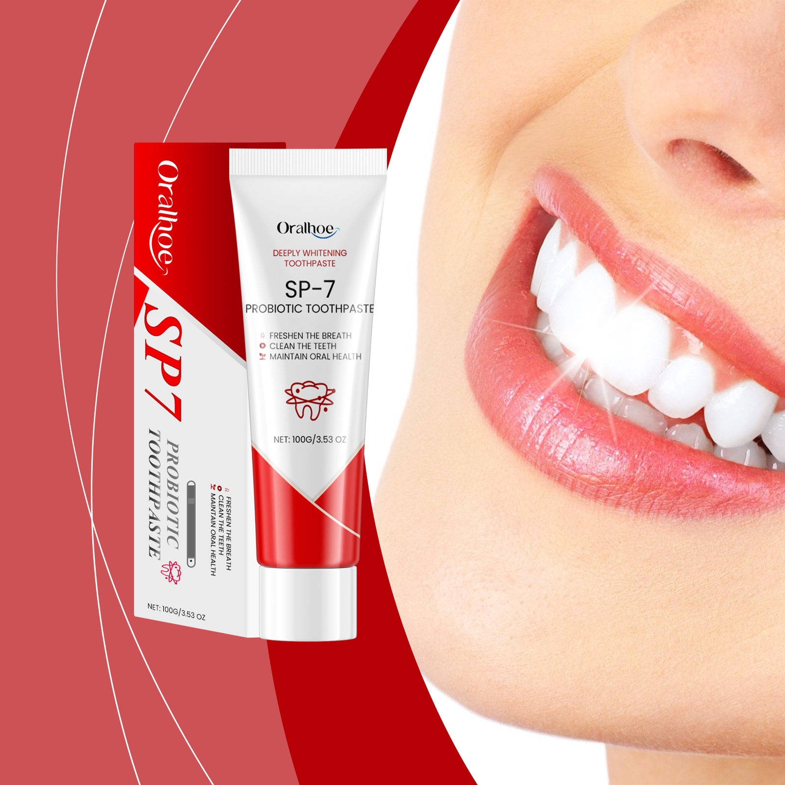 Bright smile beside Oralhoe toothpaste packaging