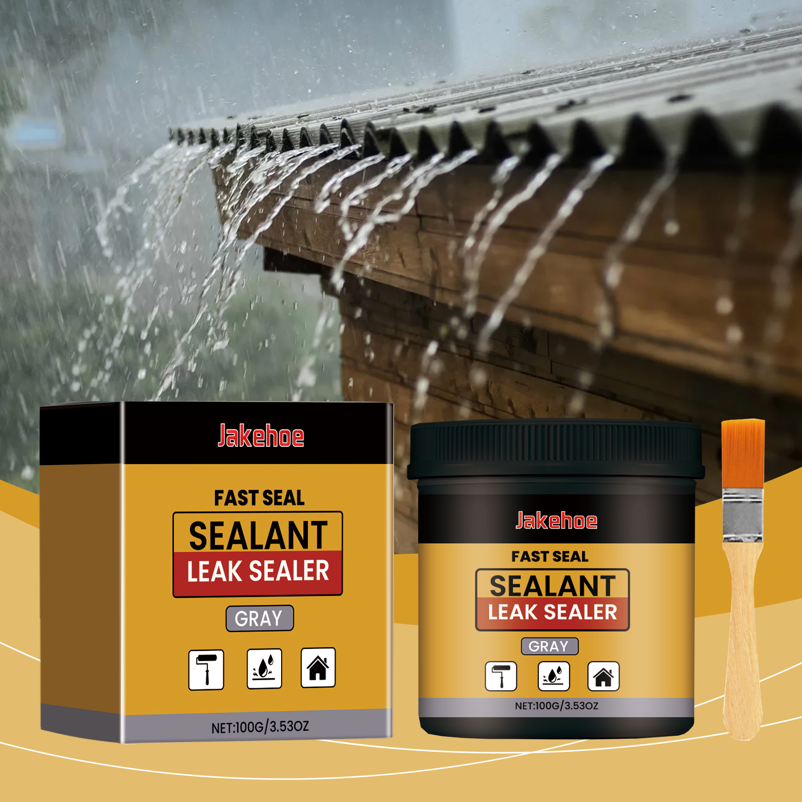 Leak sealer set displayed near rainwater and roof edge