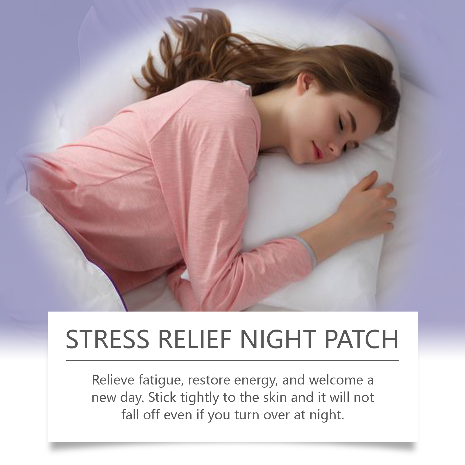 Lavender night patch shown on upper arm during sleep