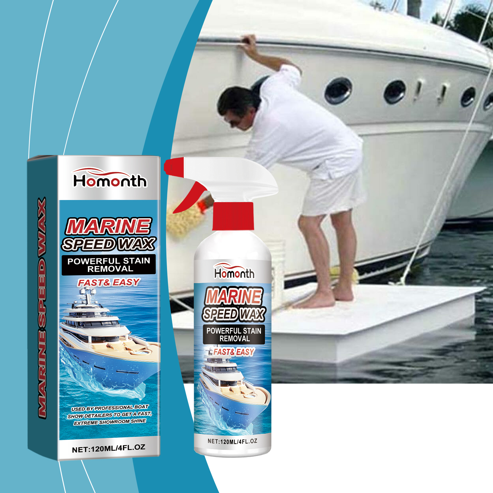 Man spraying Marine Speed Wax on a white boat hull, foam clinging