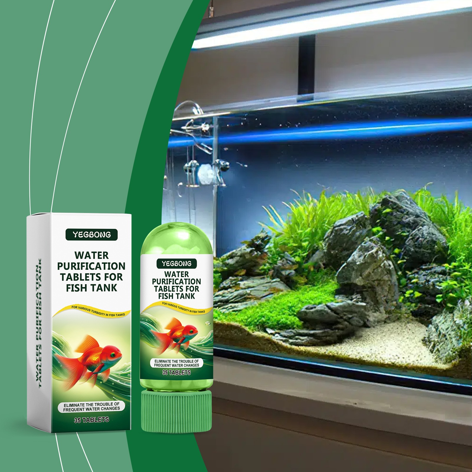 Aquarium treatment bottle beside clear planted fish tank