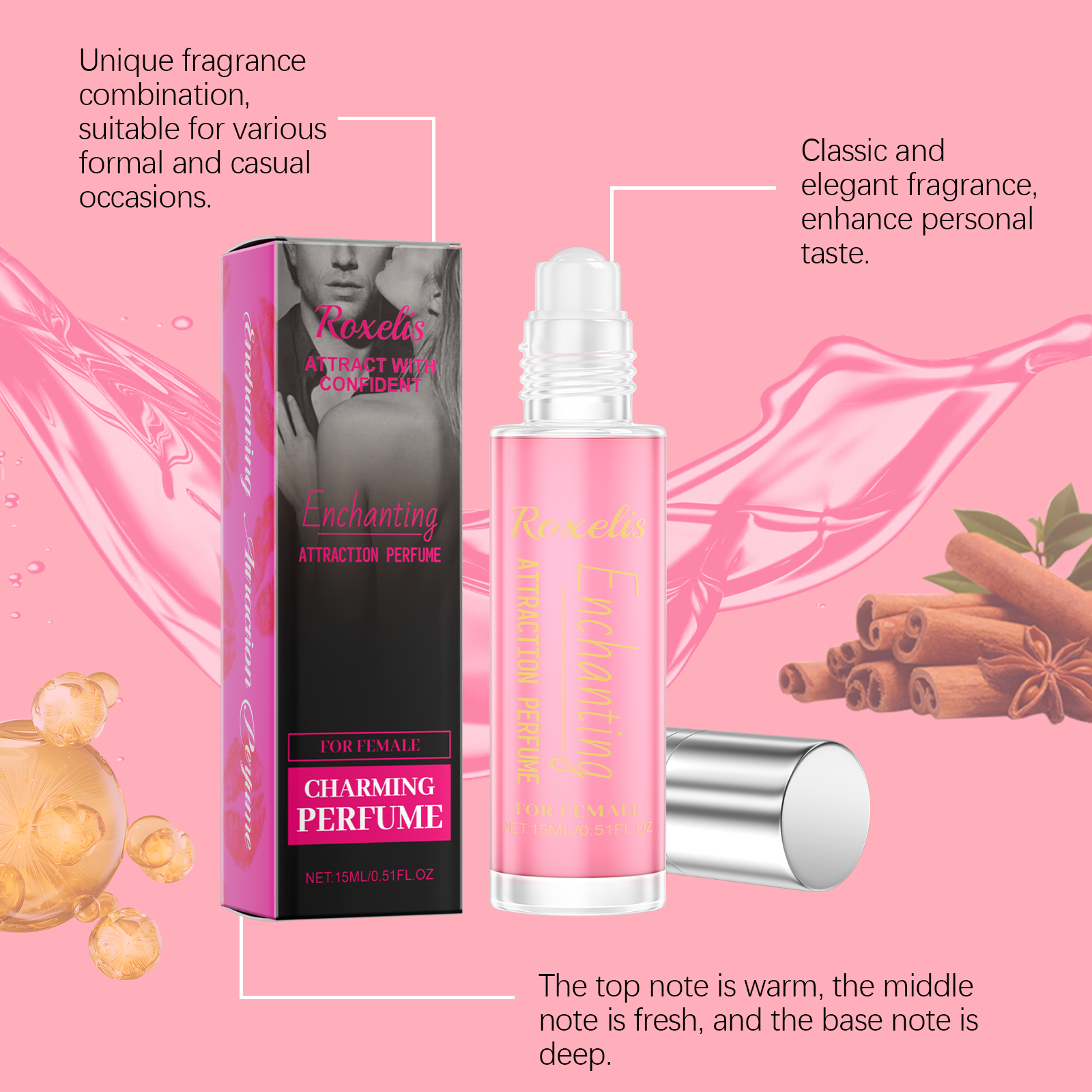 Roxelis perfume with cinnamon amber and floral styling
