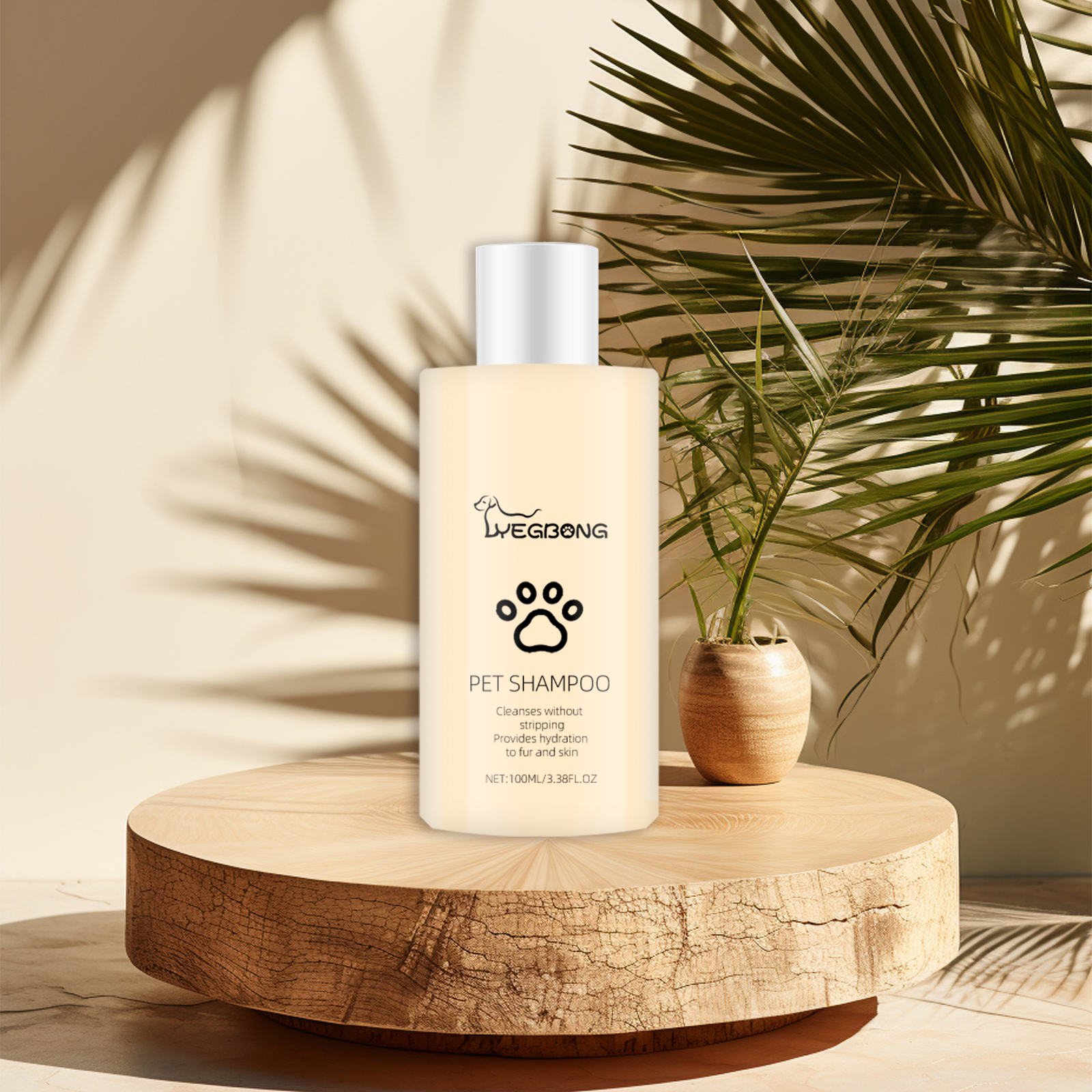 Pet shampoo bottle styled with natural home grooming details