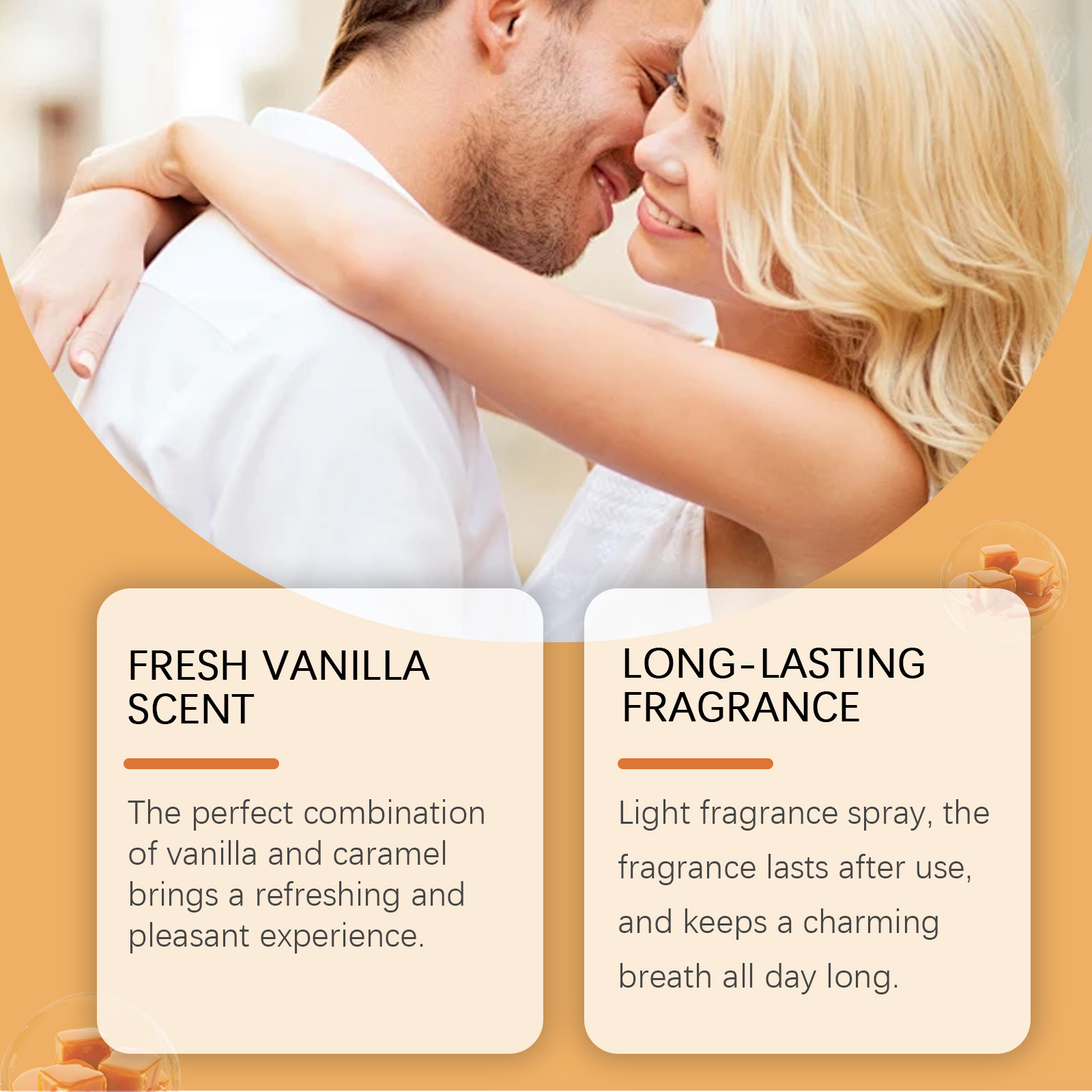 Fresh vanilla fragrance presentation with romantic couple
