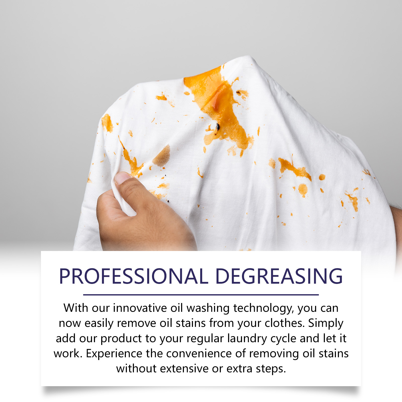 Oil-stained white fabric hand with degreasing label