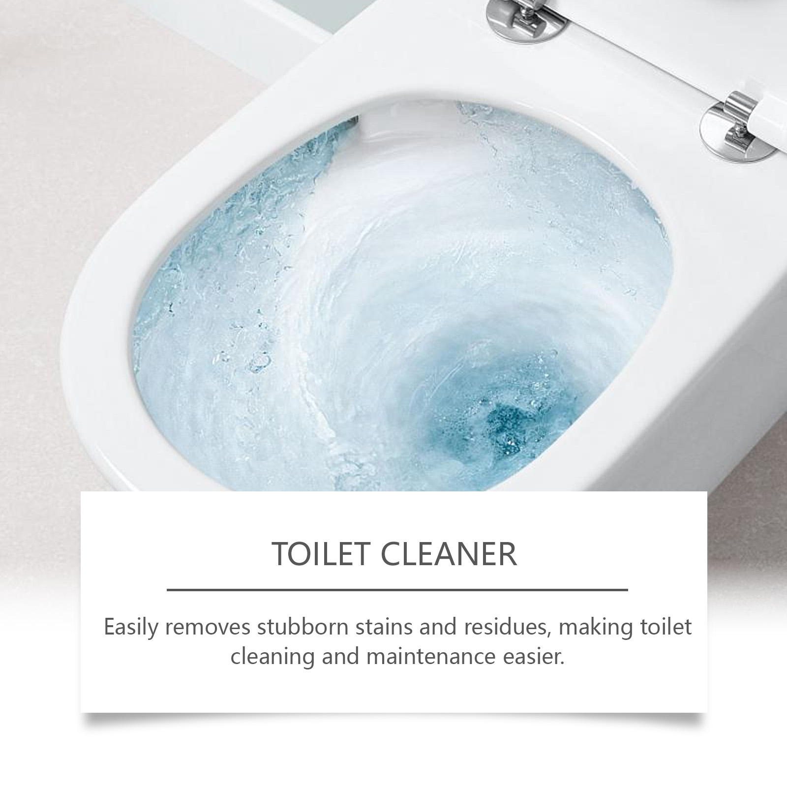 Clean bright white toilet bowl with light blue protective coating swirl, text about easy stain removal and maintenance