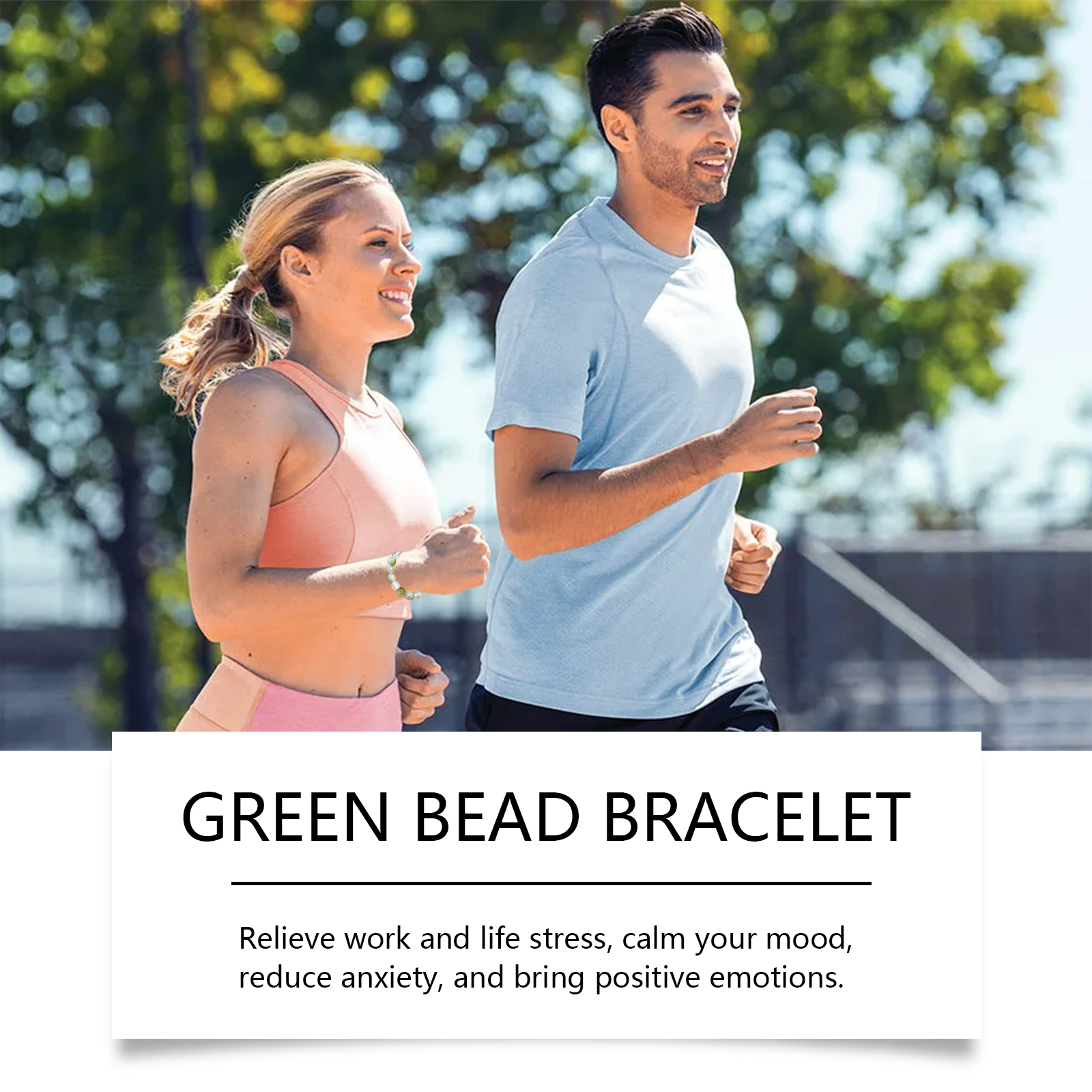 Green bead bracelet styled for an active everyday outfit