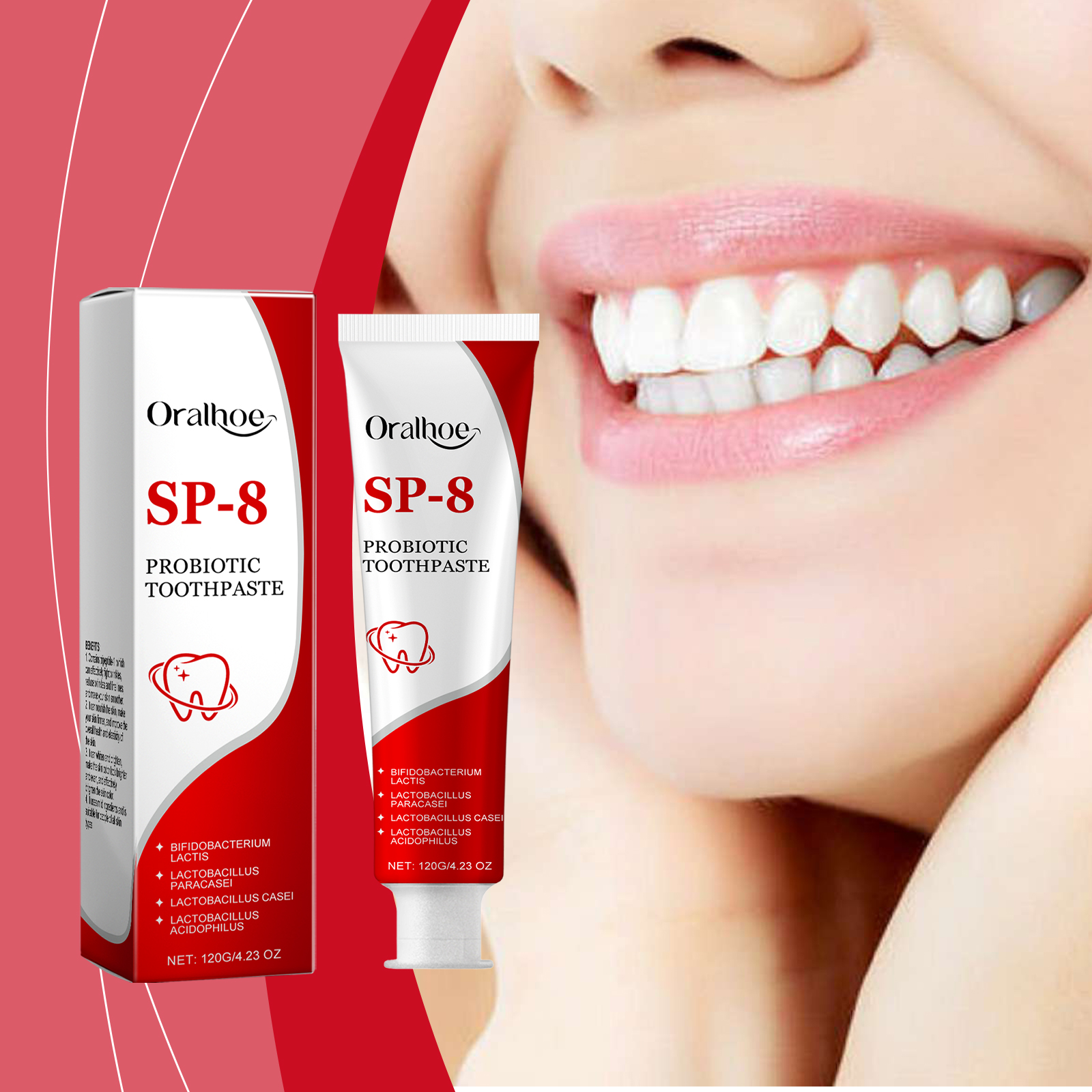Smiling woman shown with Oralhoe toothpaste