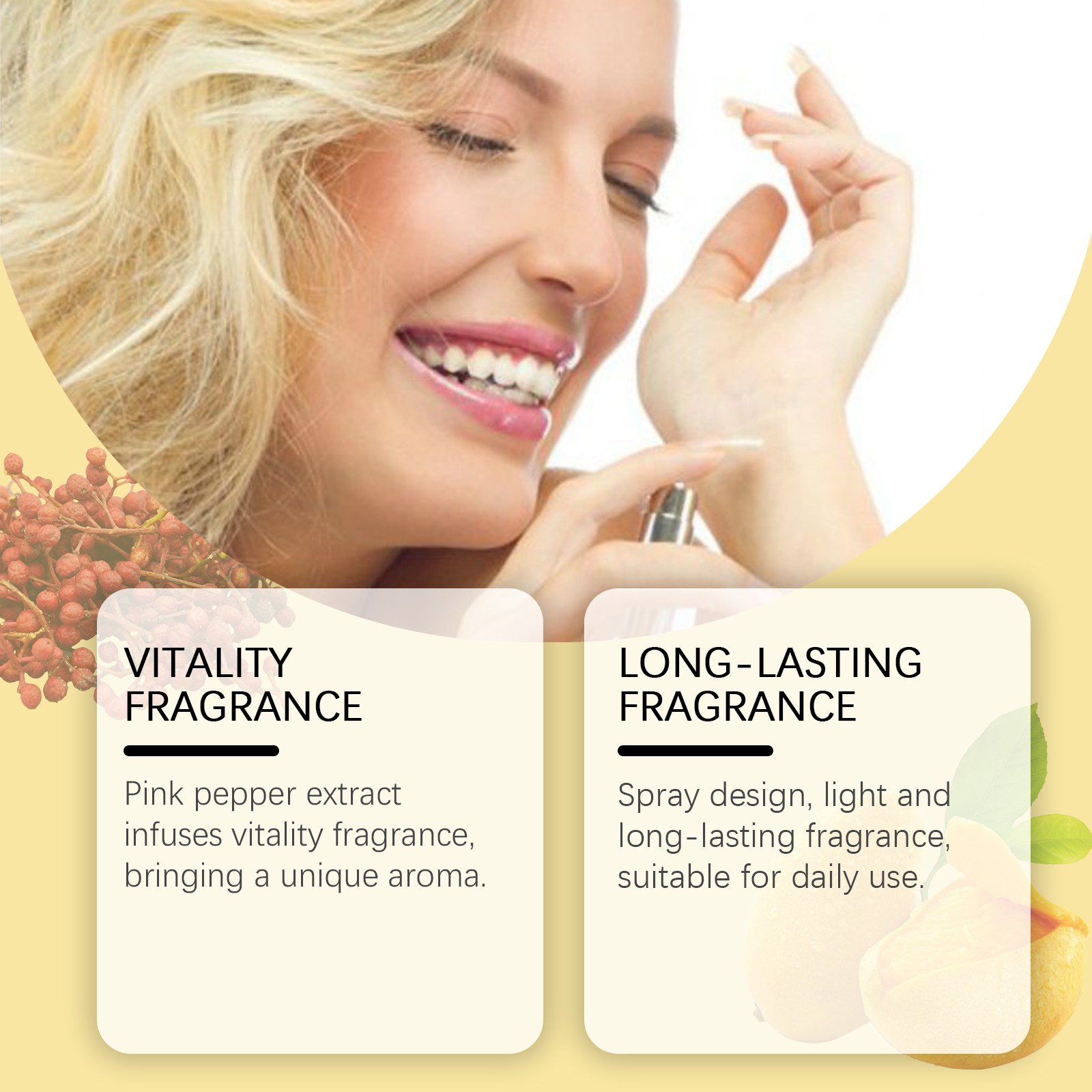 Mango perfume bottle and pink pepper fragrance feature